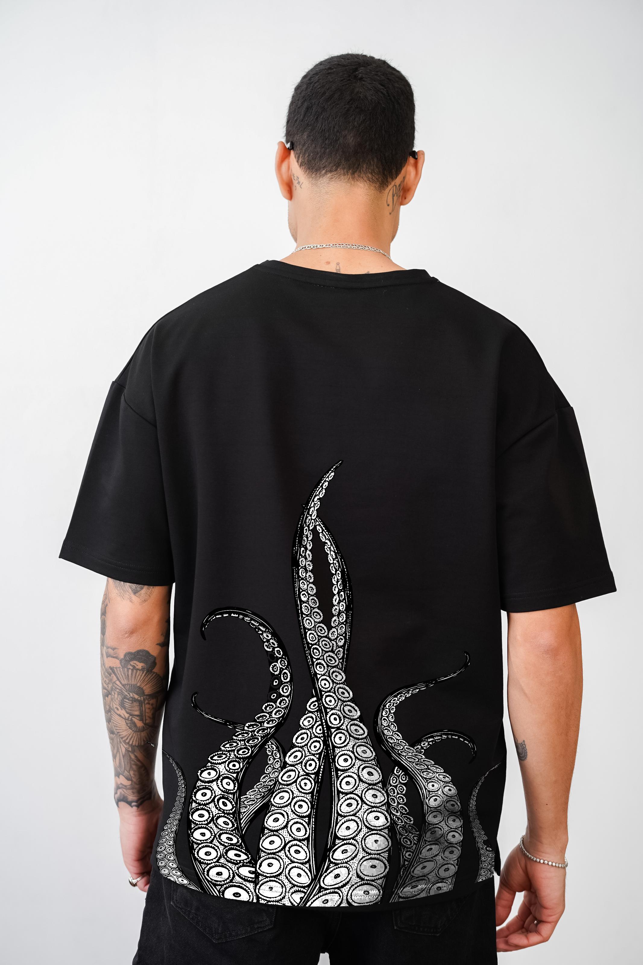 Ahtapot Baskılı Unisex Oversize Tişört