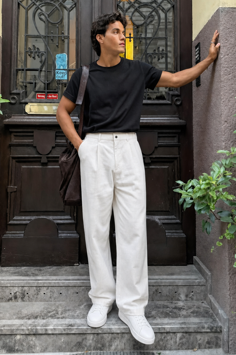 Baggy Fit Kalıp Pamuklu Keten Pantolon