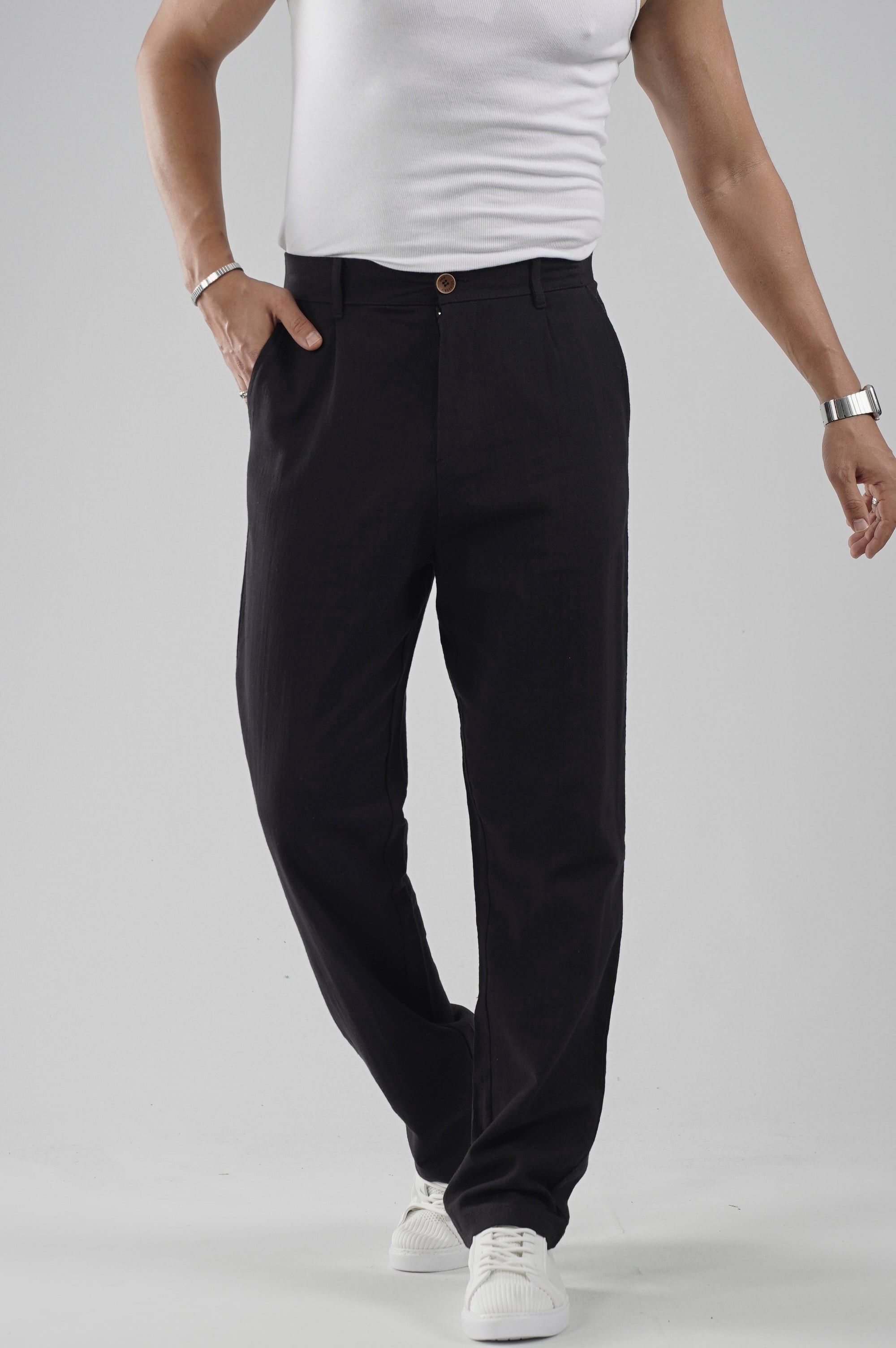 Baggy Fit Kalıp Pamuklu Keten Pantolon