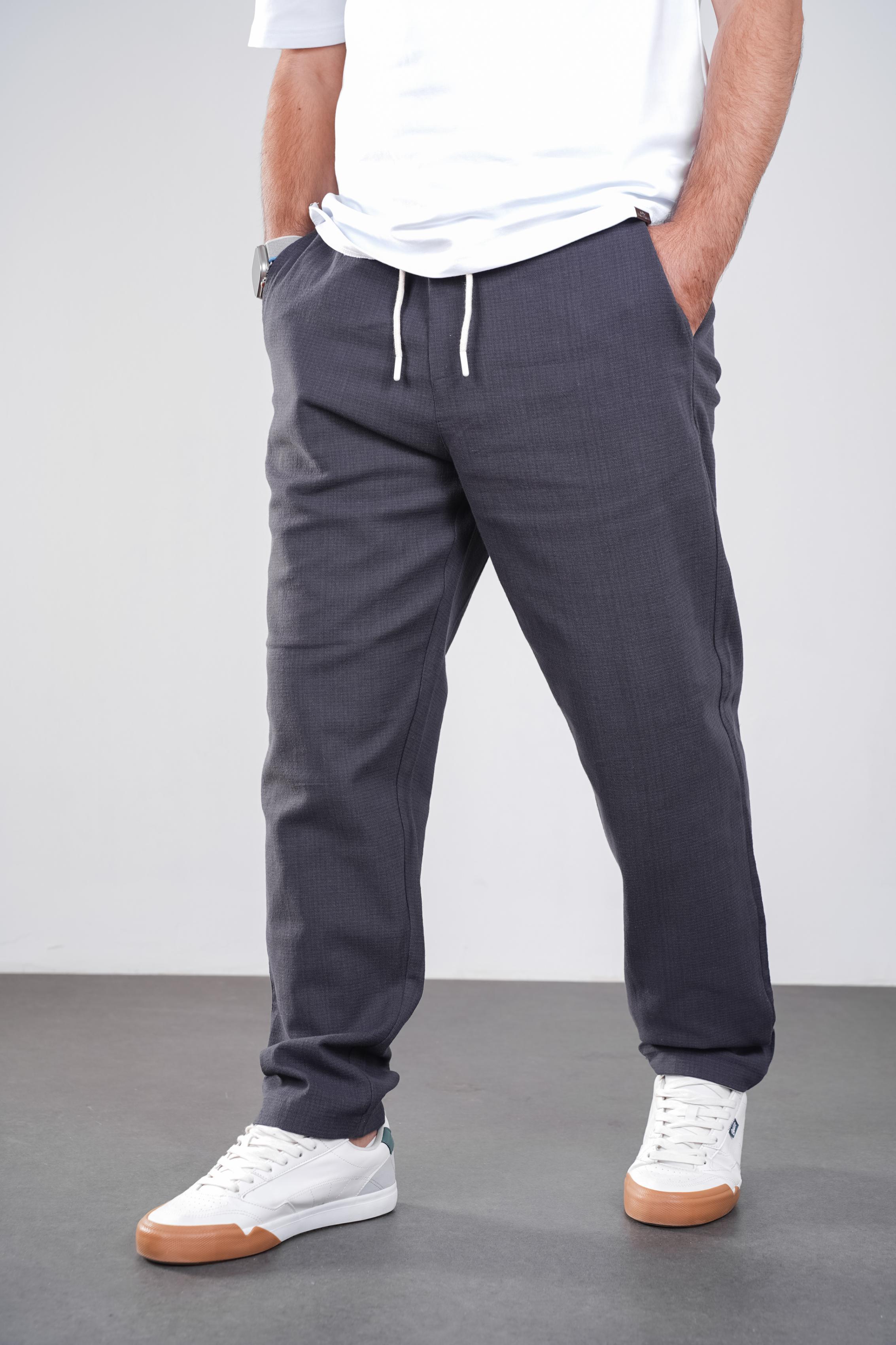 Beli Lastikli Kordonlu Erkek Slim Fit Kalıp Keten Pantolon