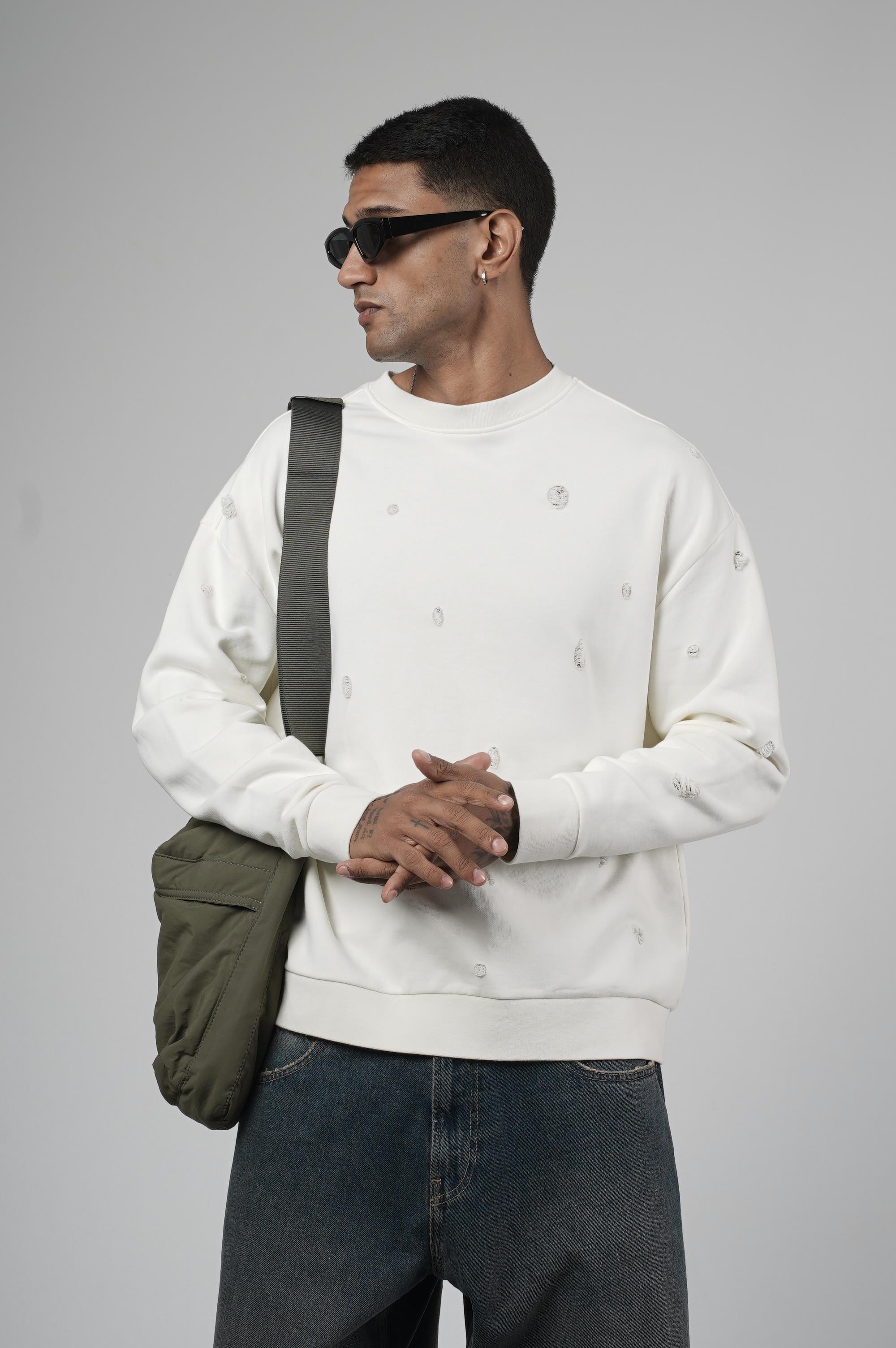 Bisiklet Yaka Lazerli Oversize Kalıp Erkek Sweatshirt