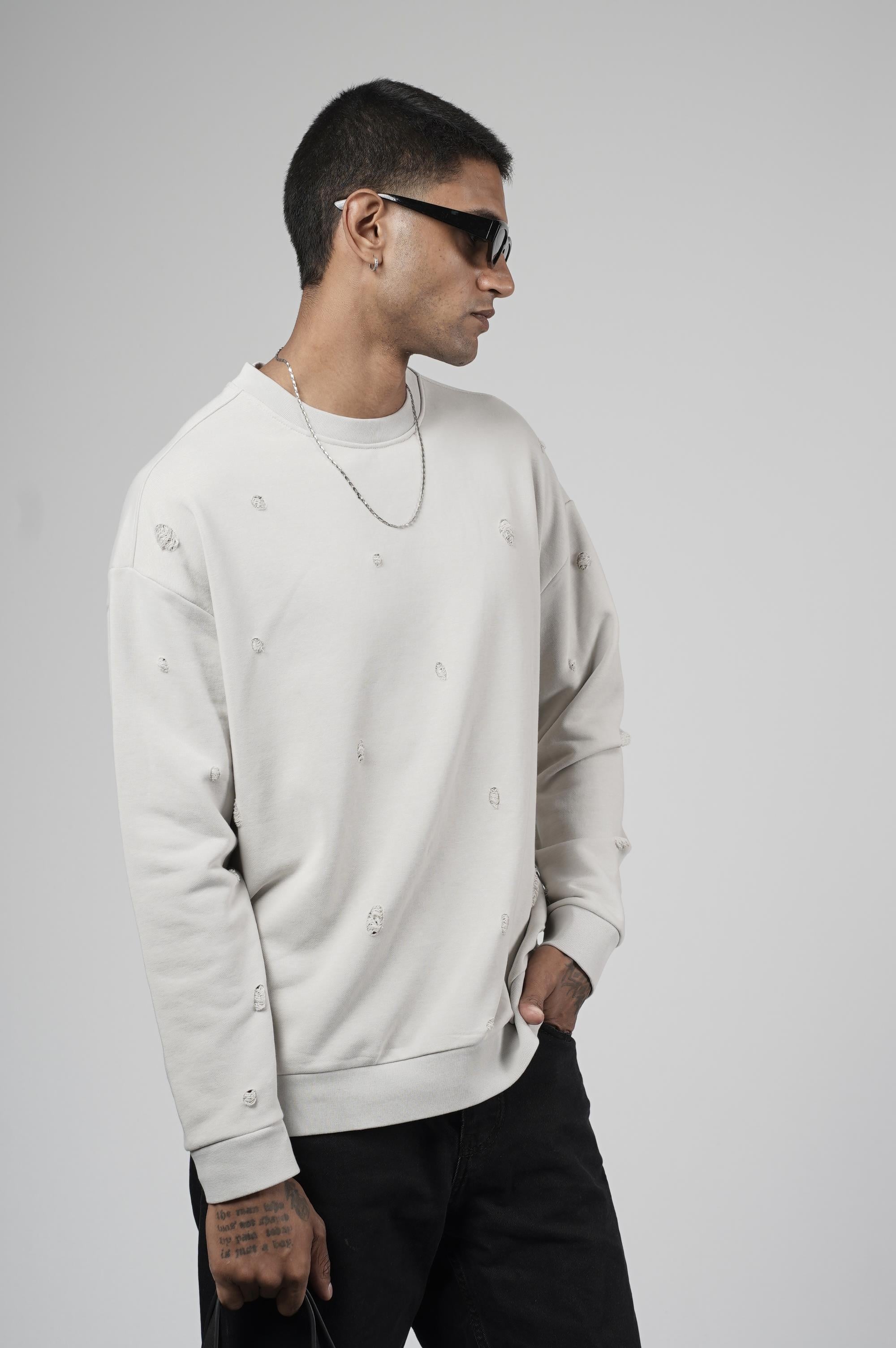 Bisiklet Yaka Lazerli Oversize Kalıp Erkek Sweatshirt