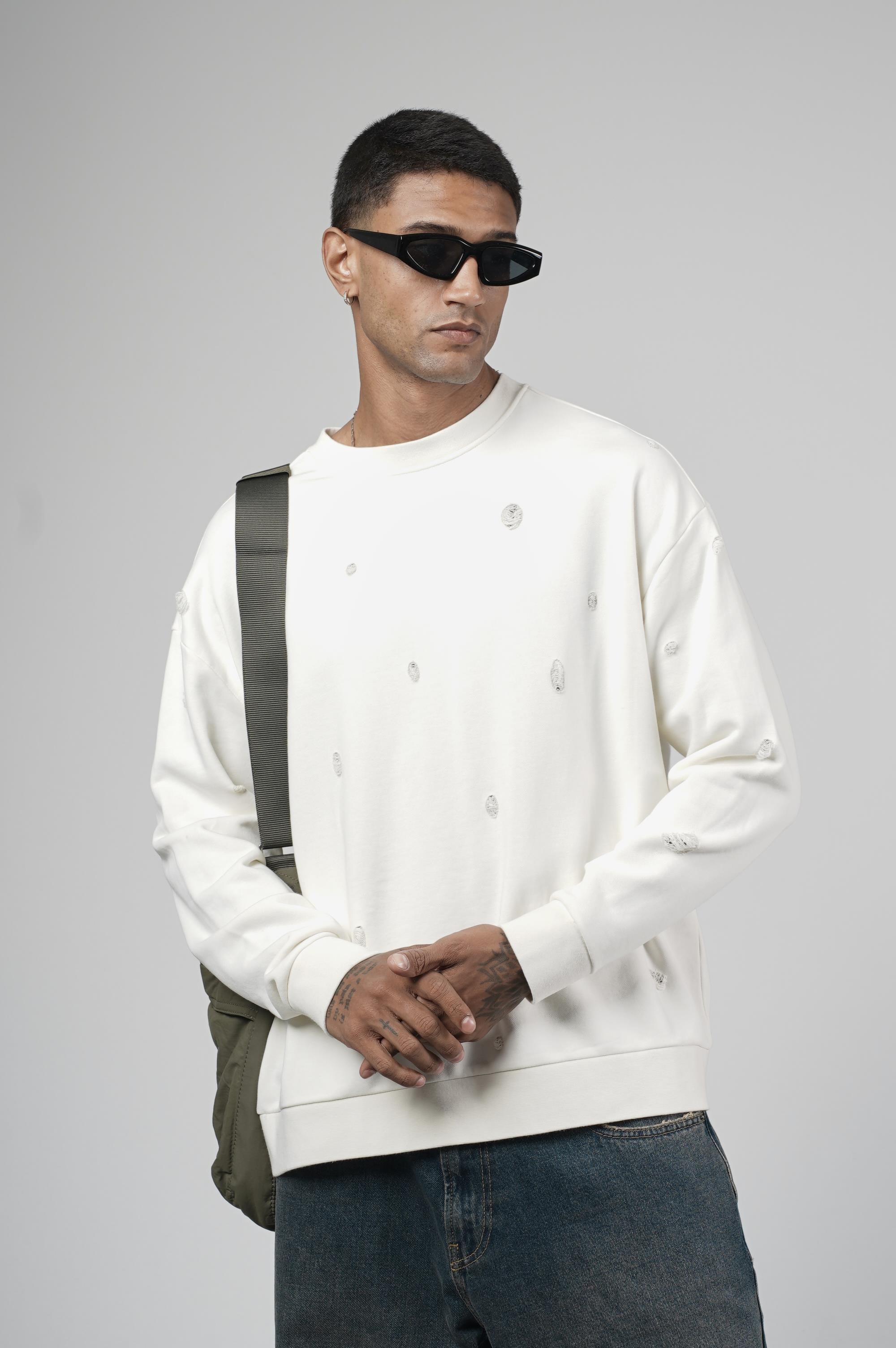 Bisiklet Yaka Lazerli Oversize Kalıp Erkek Sweatshirt