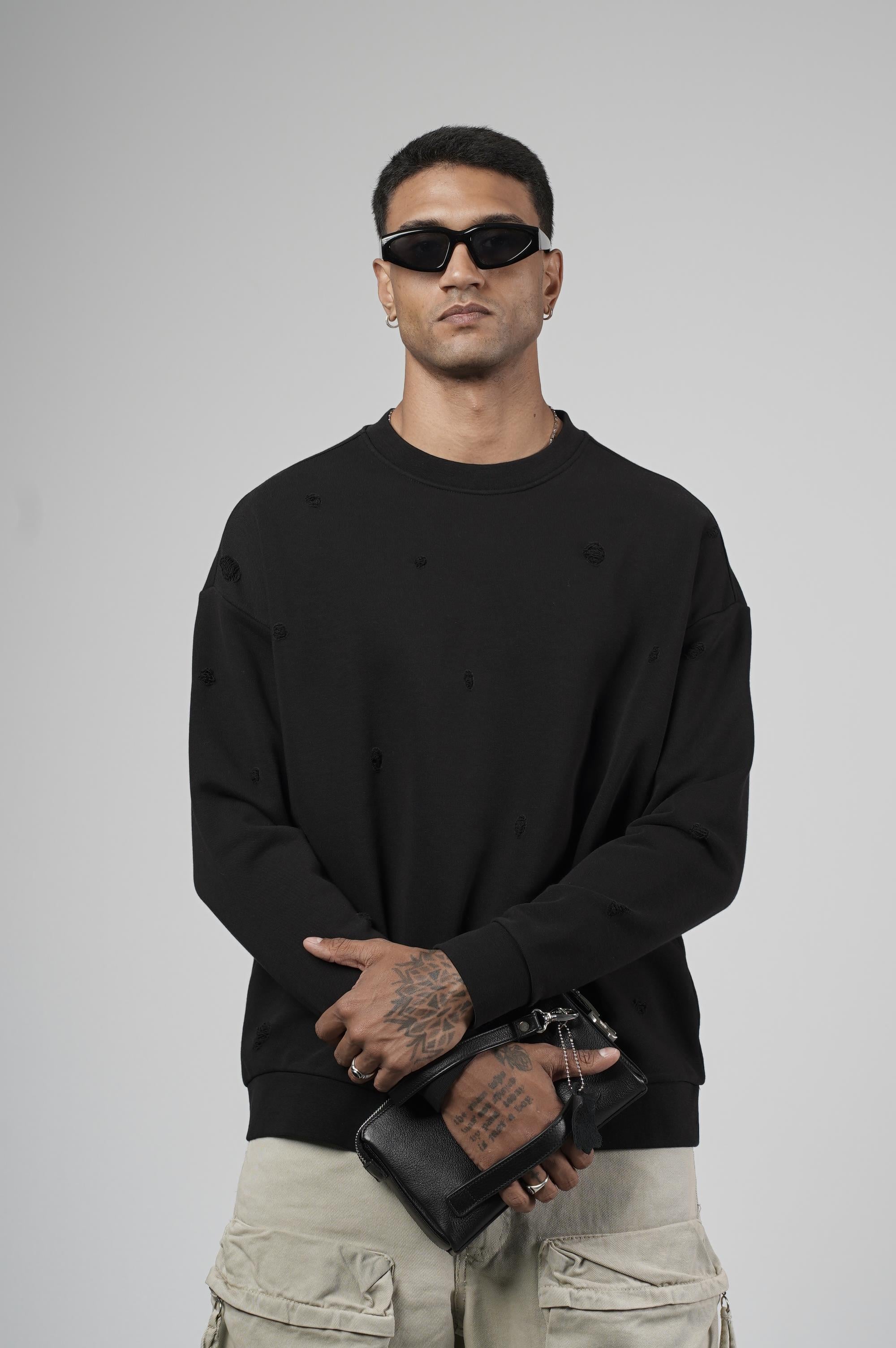 Bisiklet Yaka Lazerli Oversize Kalıp Erkek Sweatshirt