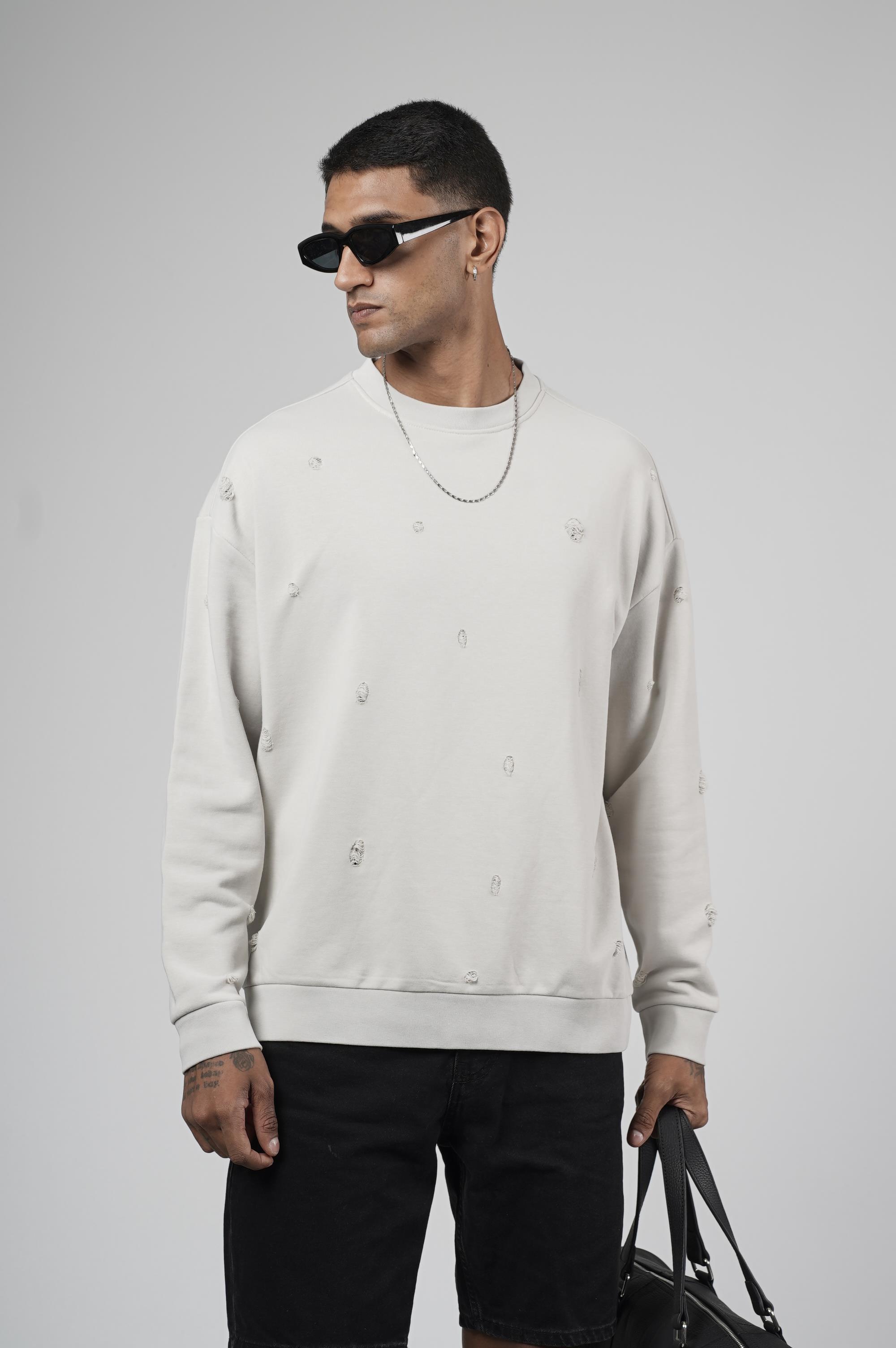 Bisiklet Yaka Lazerli Oversize Kalıp Erkek Sweatshirt