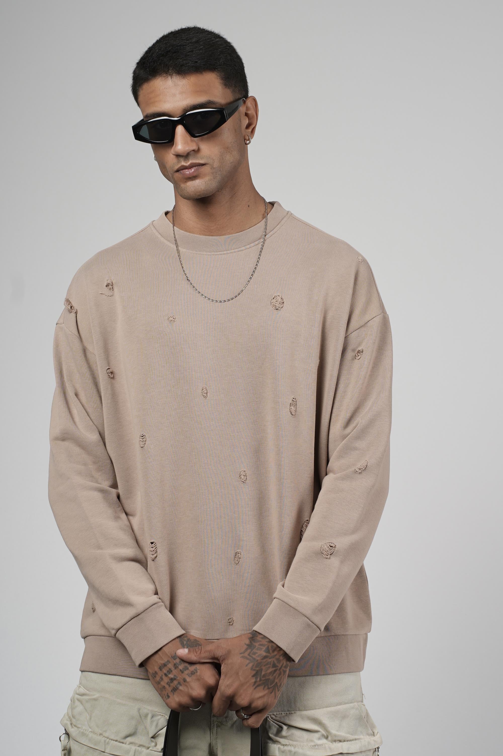 Bisiklet Yaka Lazerli Oversize Kalıp Erkek Sweatshirt