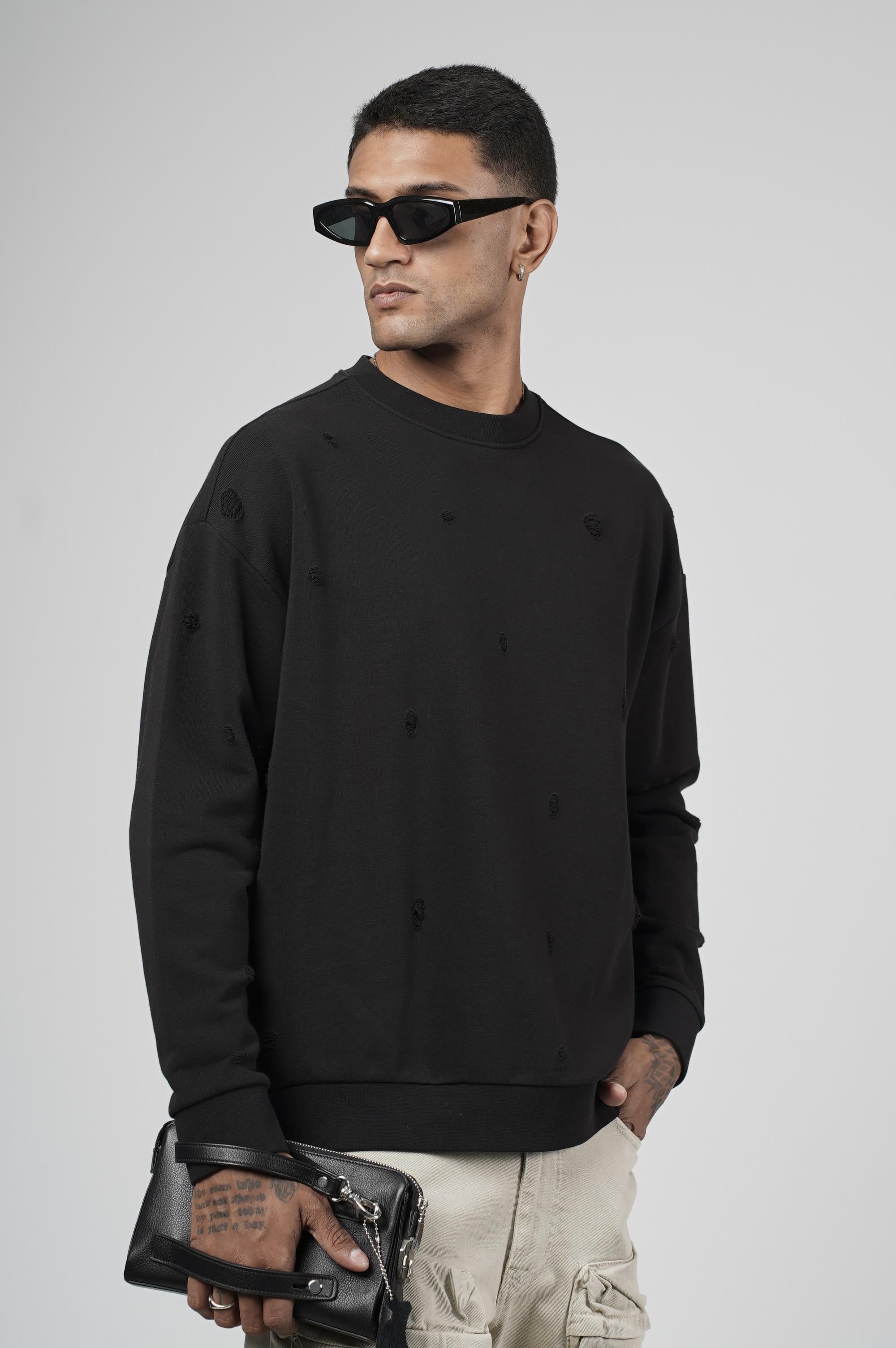 Bisiklet Yaka Lazerli Oversize Kalıp Erkek Sweatshirt