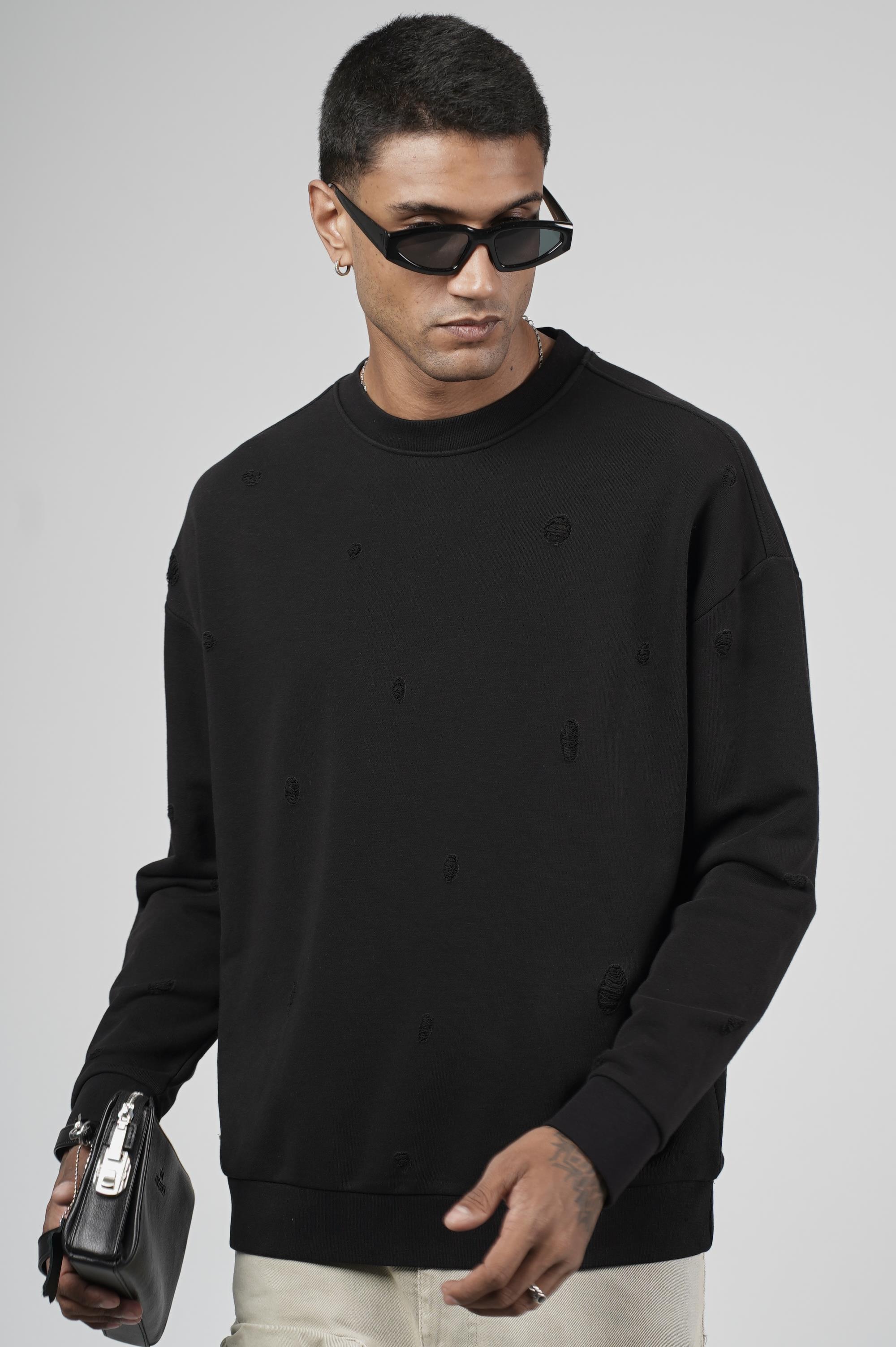 Bisiklet Yaka Lazerli Oversize Kalıp Erkek Sweatshirt