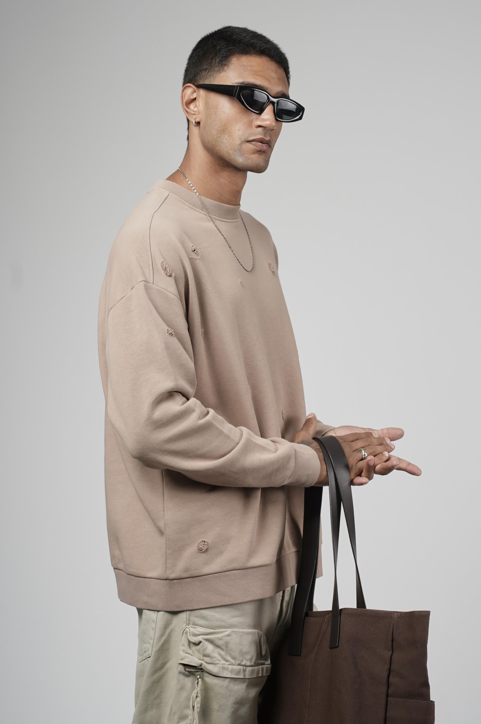 Bisiklet Yaka Lazerli Oversize Kalıp Erkek Sweatshirt