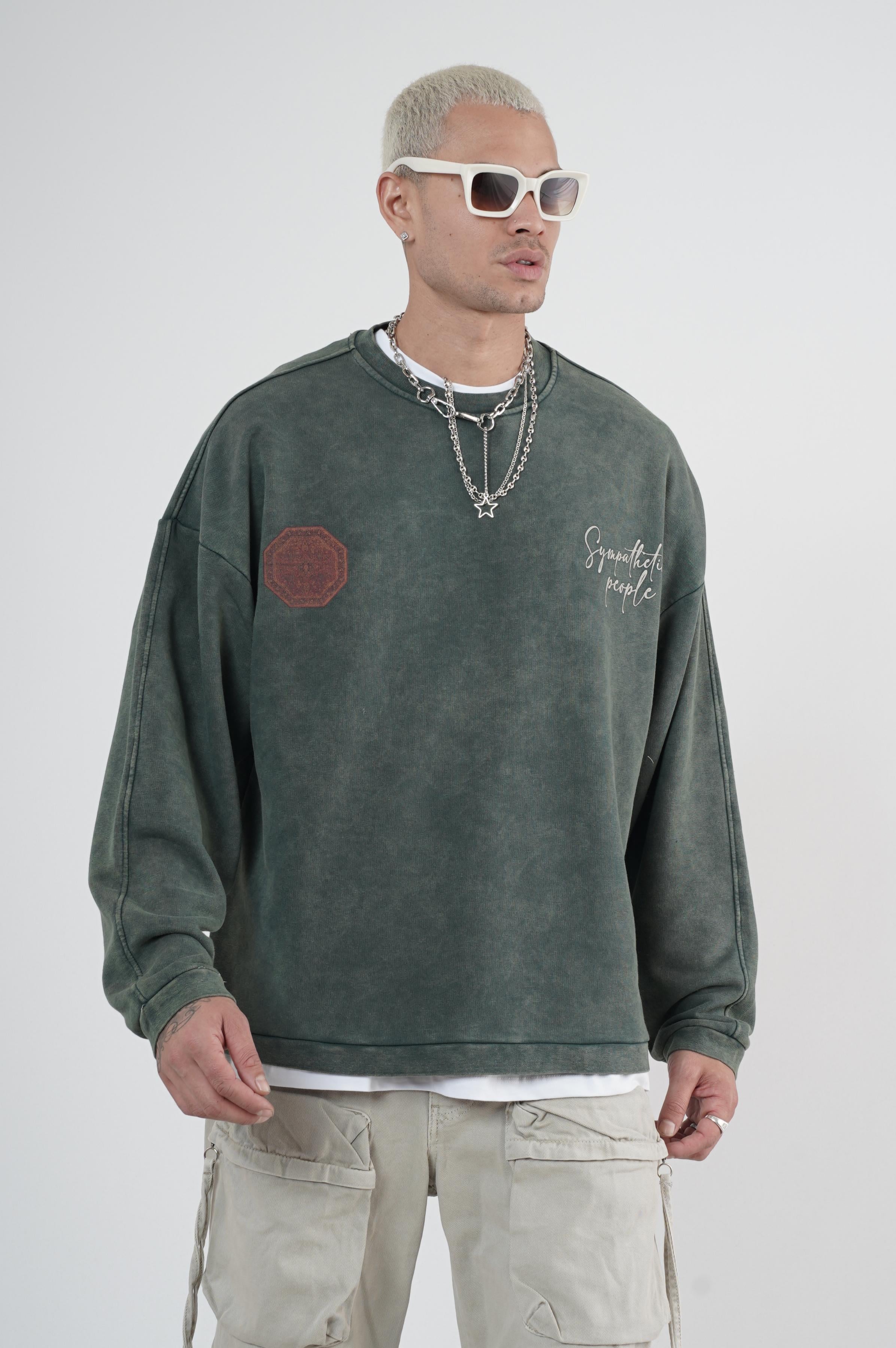 Bisiklet Yaka Ön ve Arka Basılı Yıkamalı Oversize Kalıp Unisex Sweatshirt