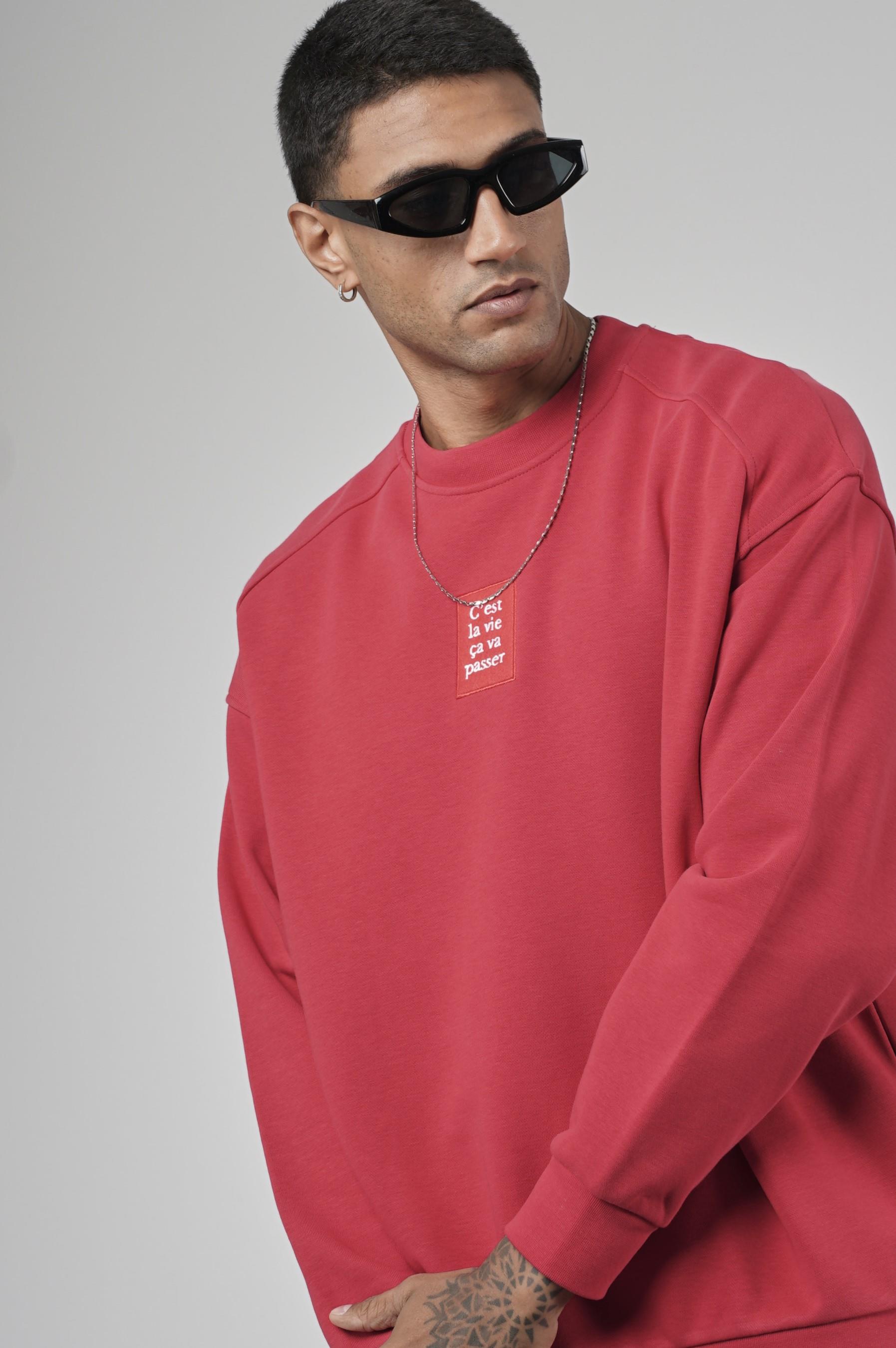 Bisiklet Yaka Önü Etiket Detaylı Oversize Basic Erkek Sweatshirt