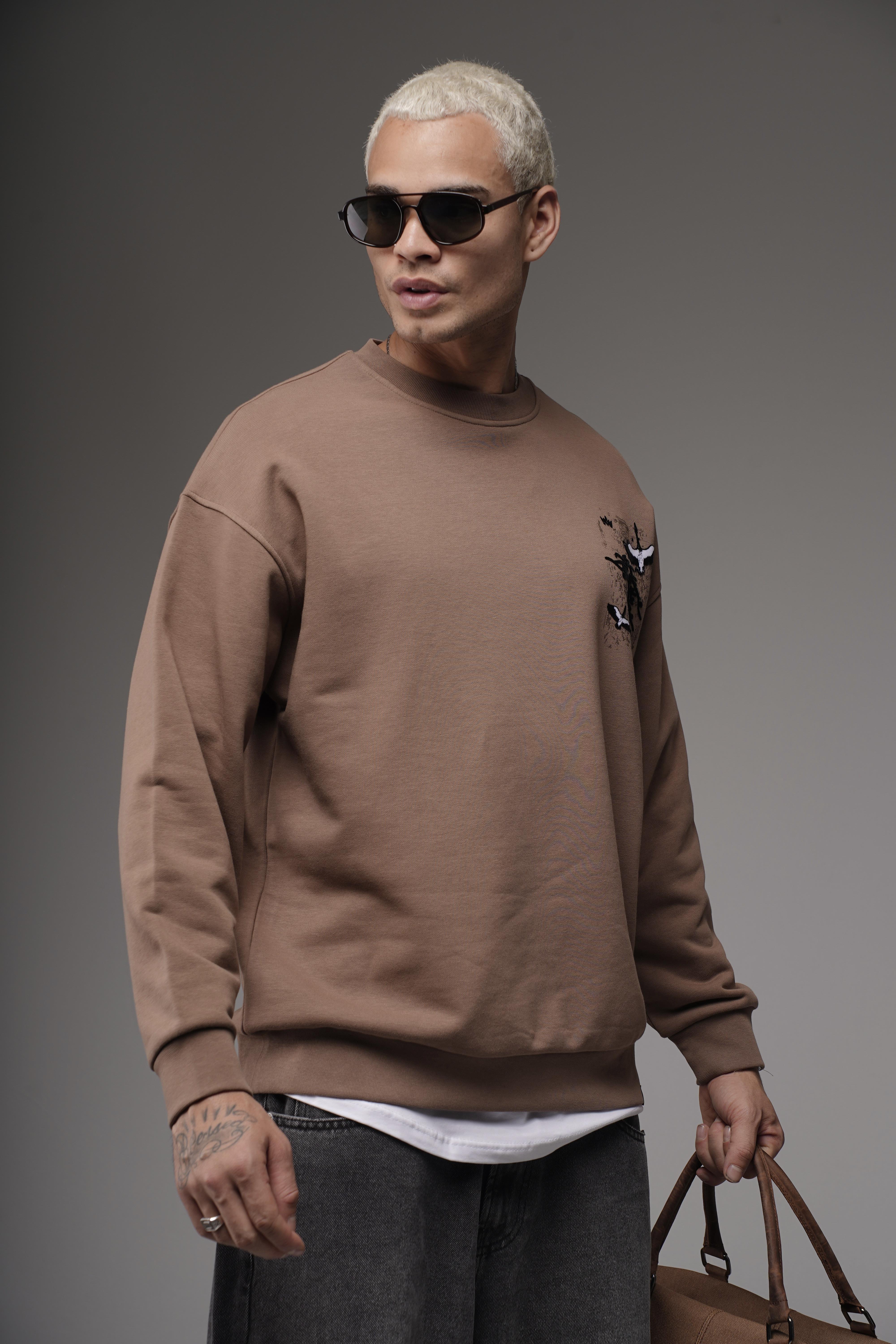 Bisiklet Yaka Sırtı Leylek Baskılı Nakışlı Oversize Kalıp Sweatshirt