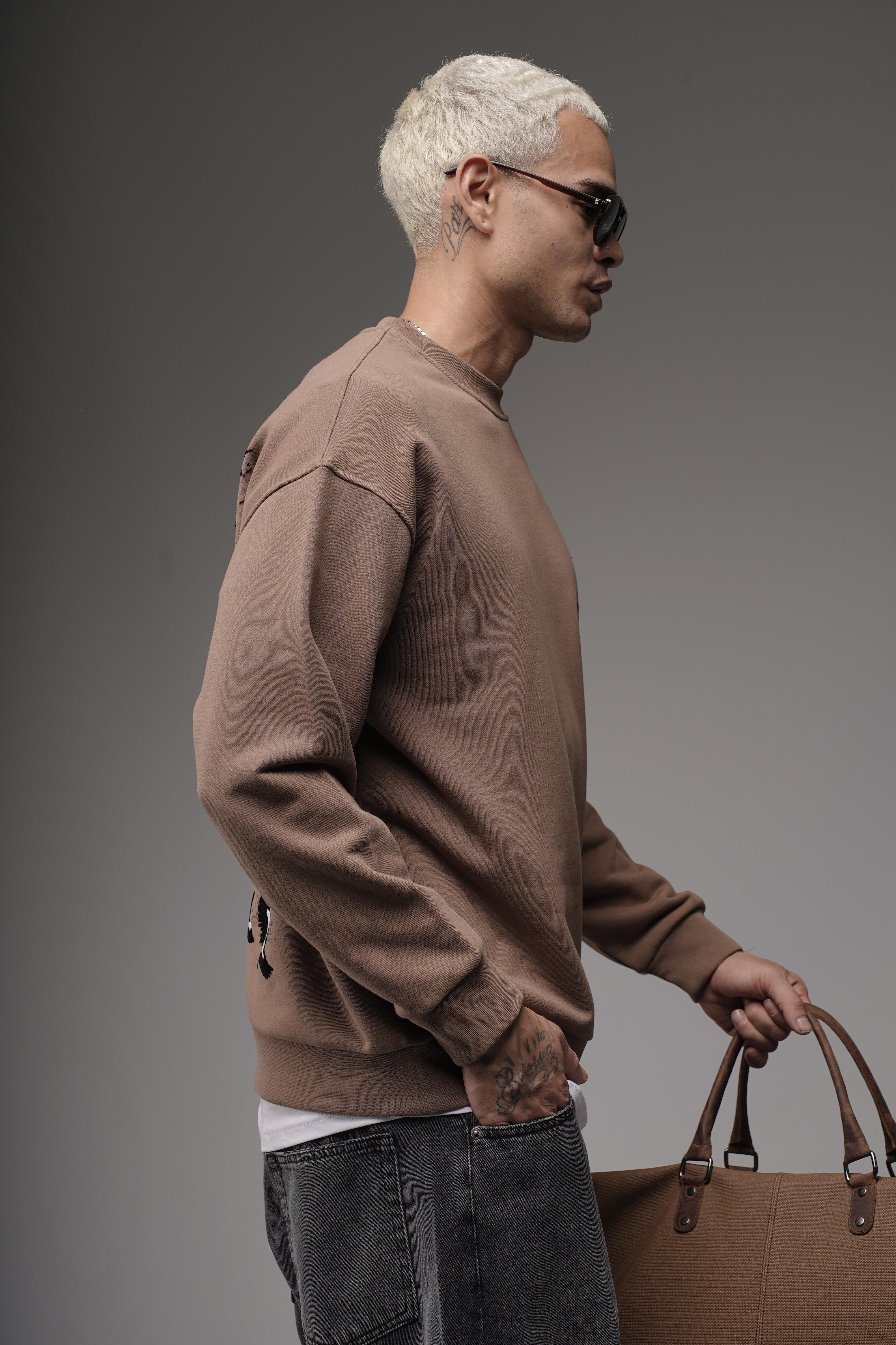 Bisiklet Yaka Sırtı Leylek Baskılı Nakışlı Oversize Kalıp Sweatshirt