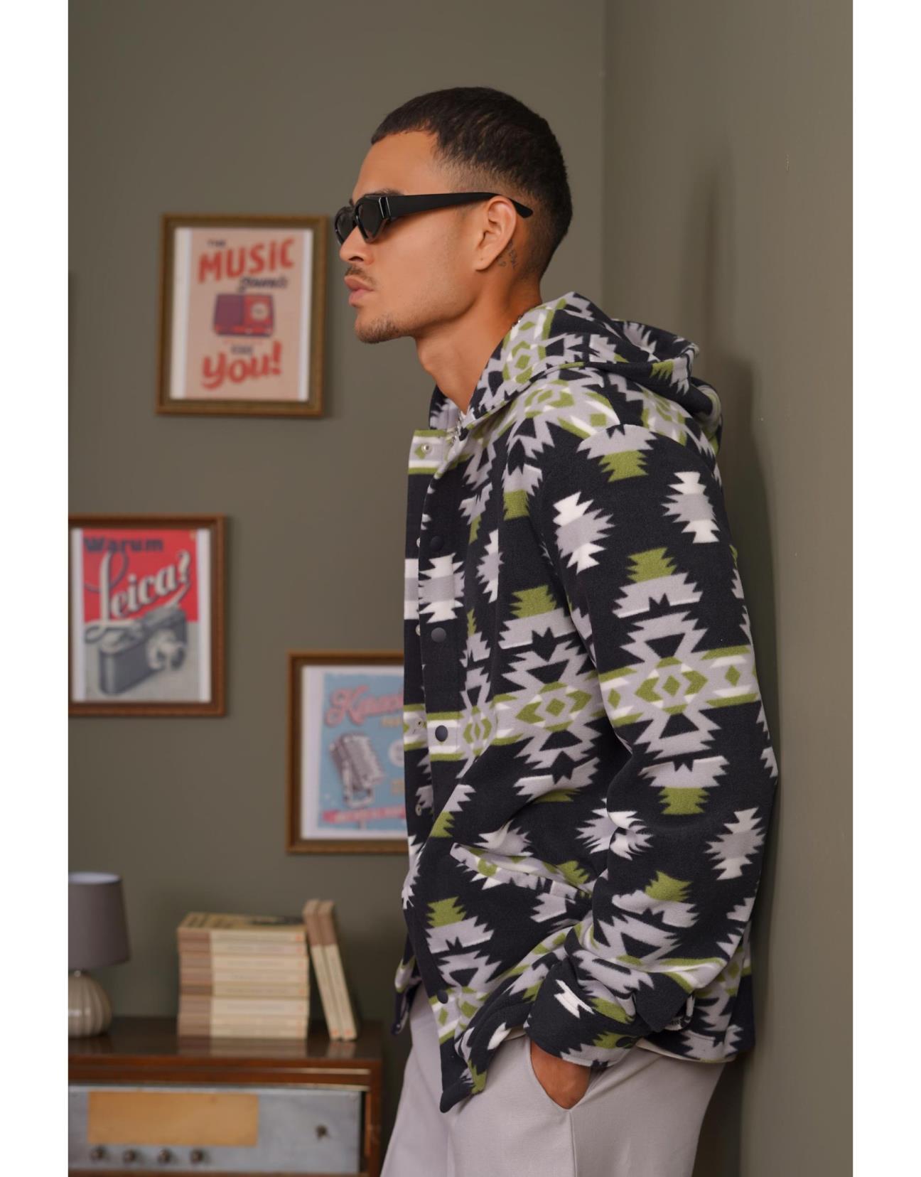 Çıt Çıt Detaylı Kapüşonlu Oversize Polar Ceket