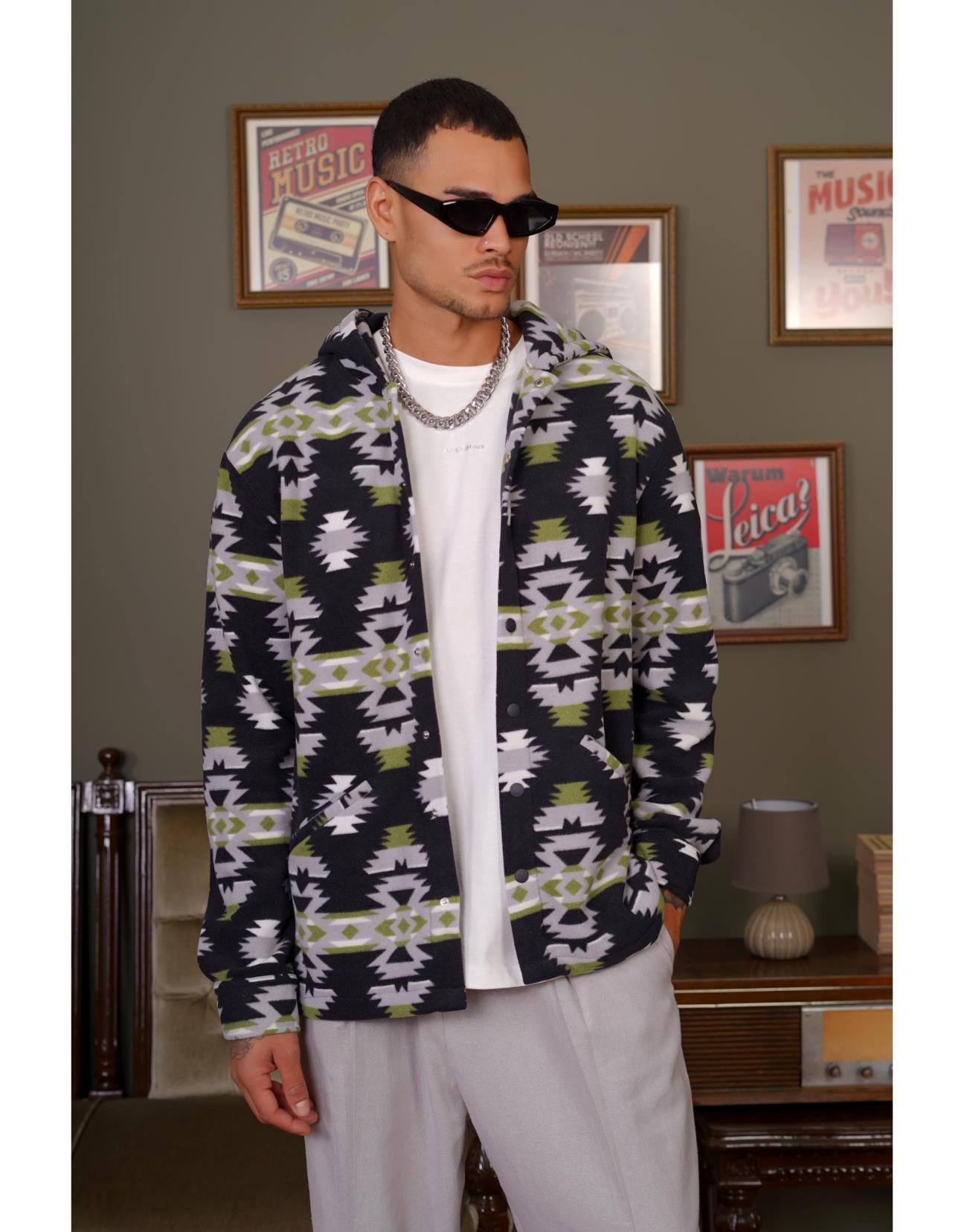 Çıt Çıt Detaylı Kapüşonlu Oversize Polar Ceket