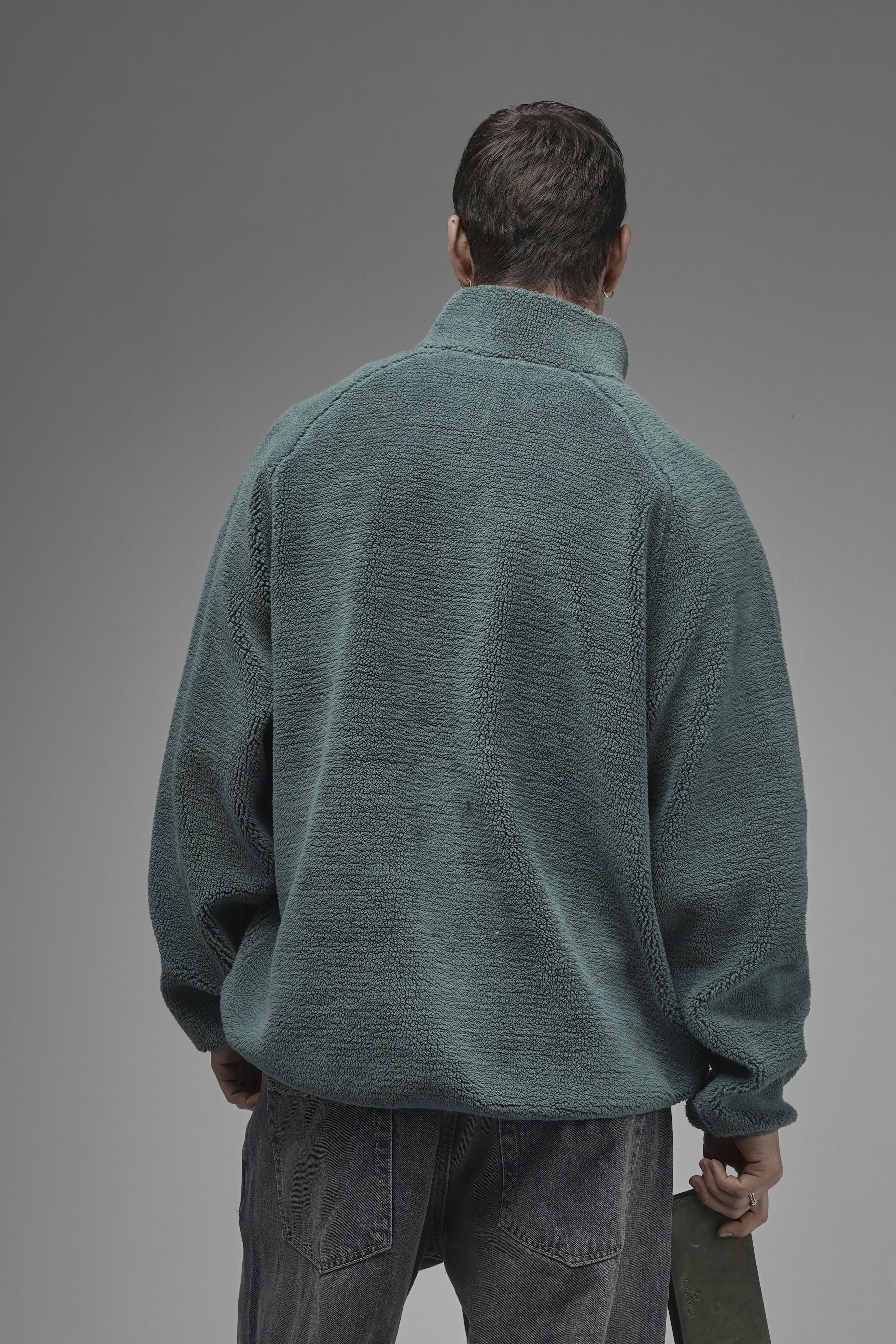 Dik Yaka Fermuarlı Cepli Reglan Kol Oversize Kalıp Erkek Polar