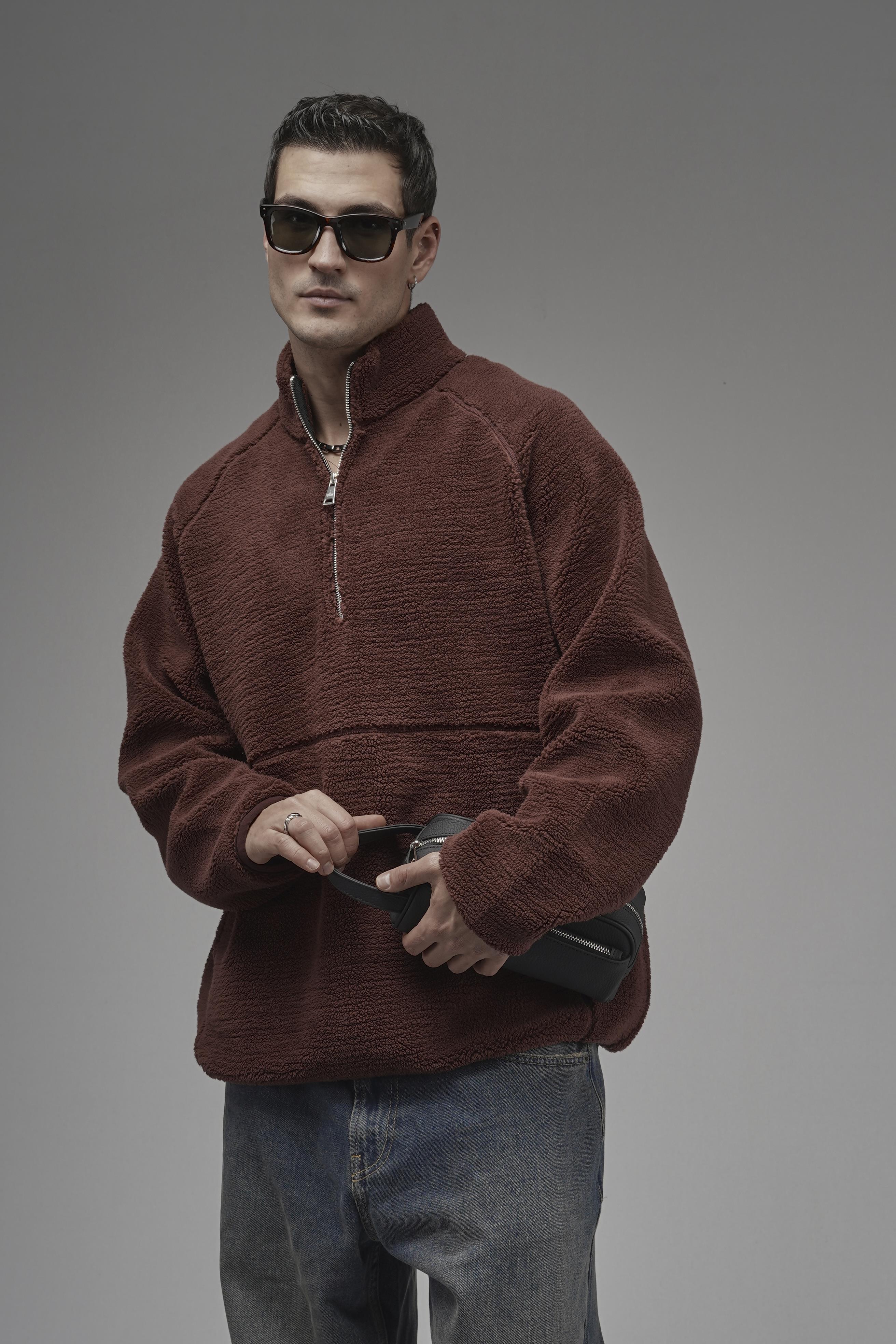 Dik Yaka Fermuarlı Cepli Reglan Kol Oversize Kalıp Erkek Polar