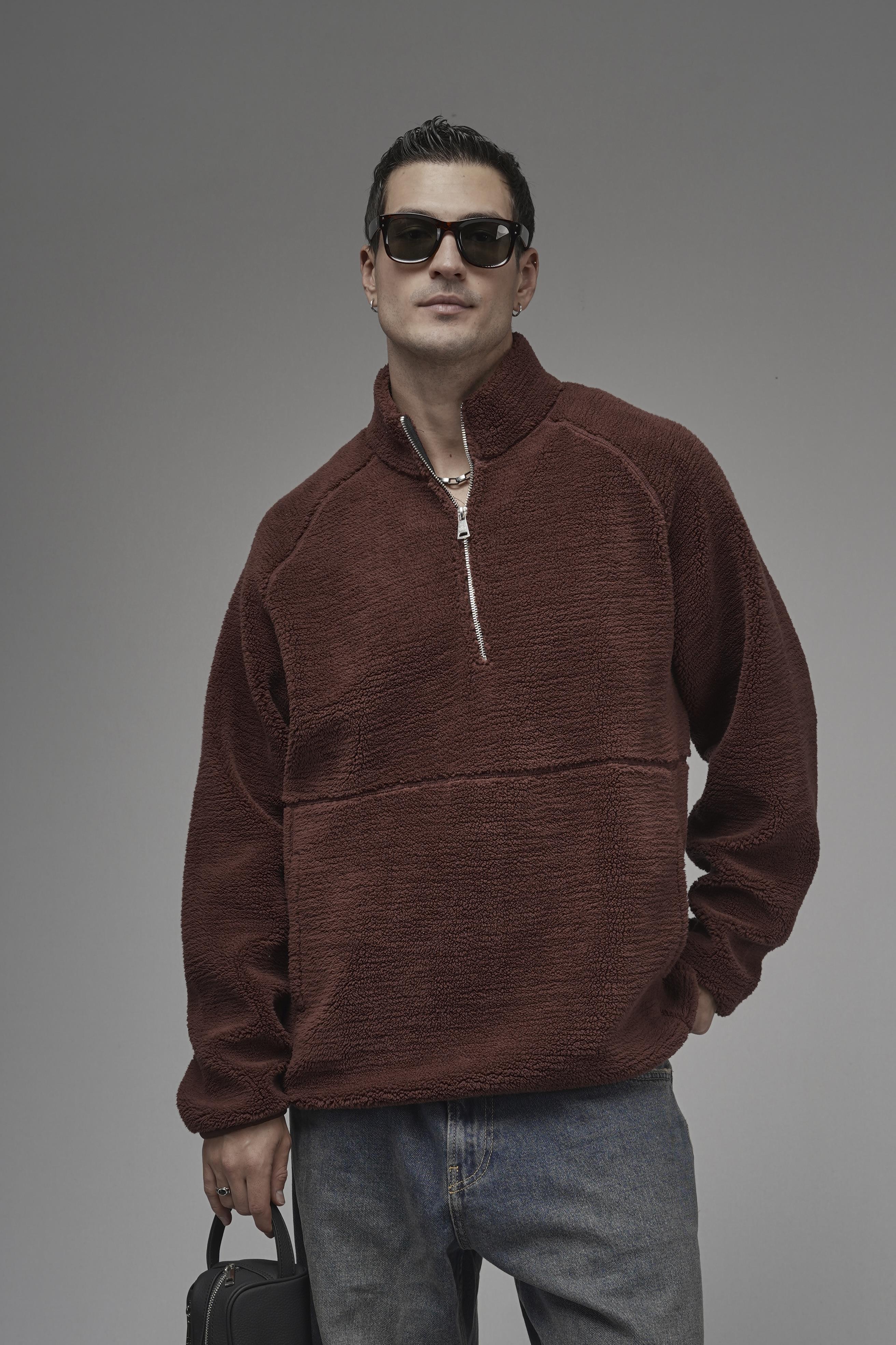 Dik Yaka Fermuarlı Cepli Reglan Kol Oversize Kalıp Erkek Polar