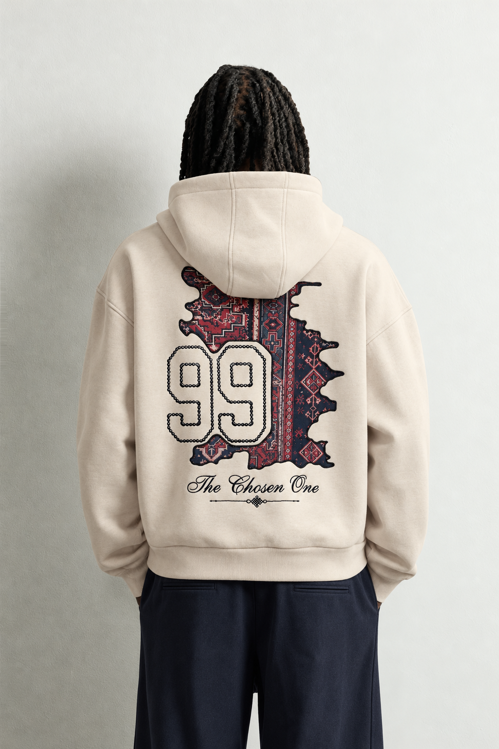 Erkek 99 Halı Desen Patch Nakışlı Şardonlu Kapüşonlu Oversize Sweatshirt