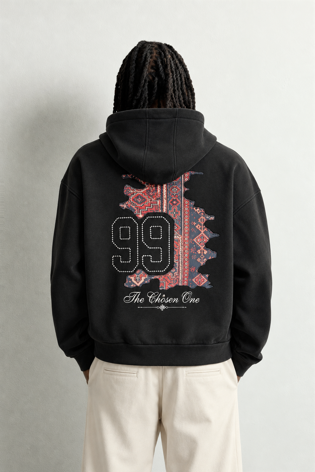Erkek 99 Halı Desen Patch Nakışlı Şardonlu Kapüşonlu Oversize Sweatshirt