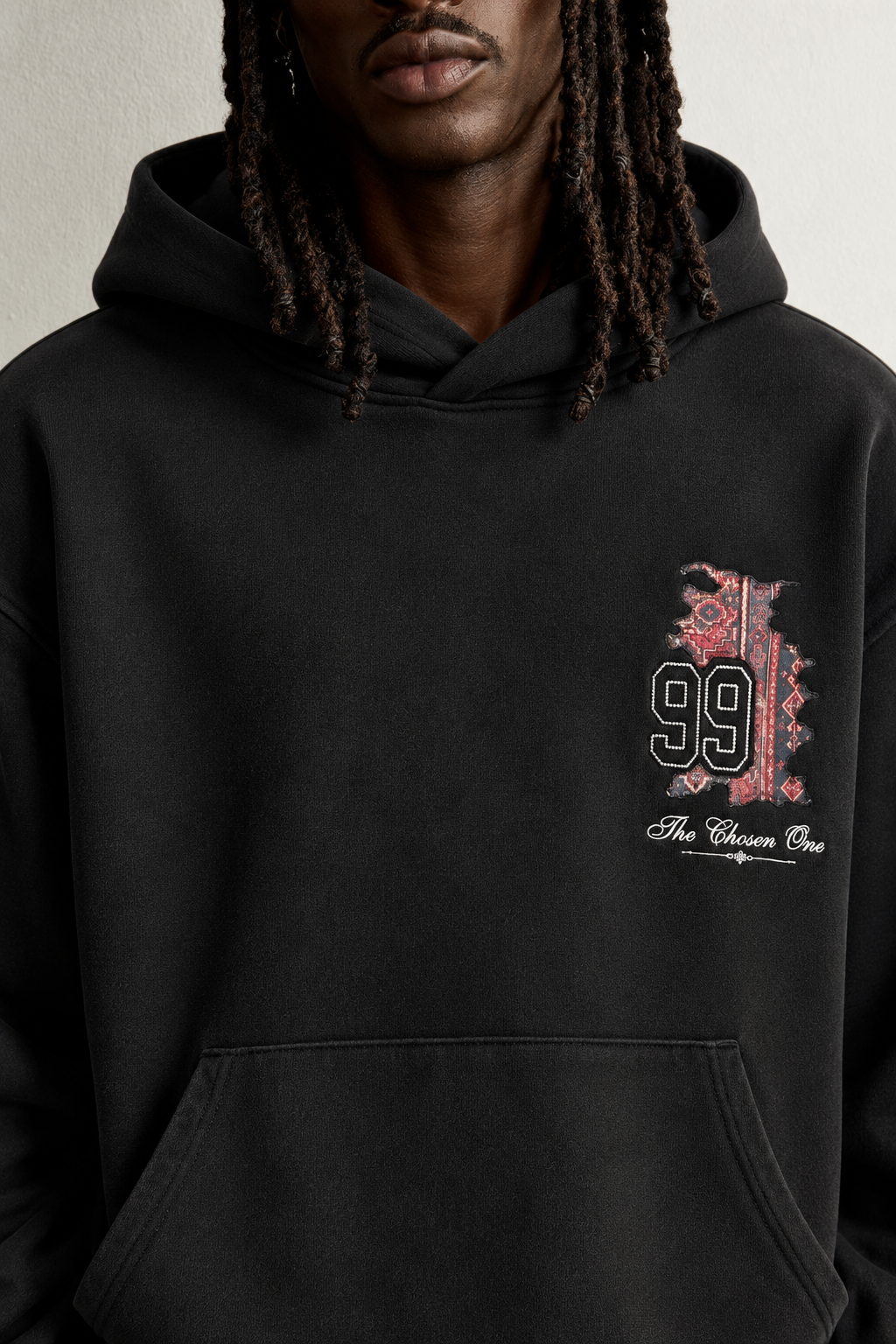 Erkek 99 Halı Desen Patch Nakışlı Şardonlu Kapüşonlu Oversize Sweatshirt