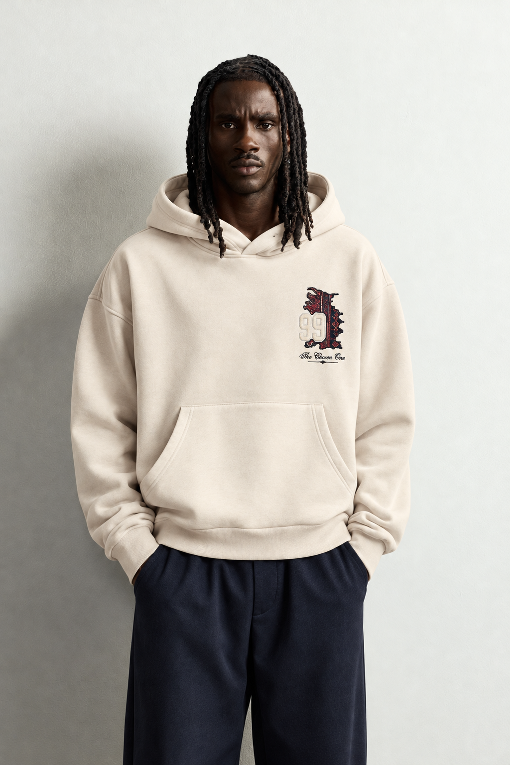 Erkek 99 Halı Desen Patch Nakışlı Şardonlu Kapüşonlu Oversize Sweatshirt