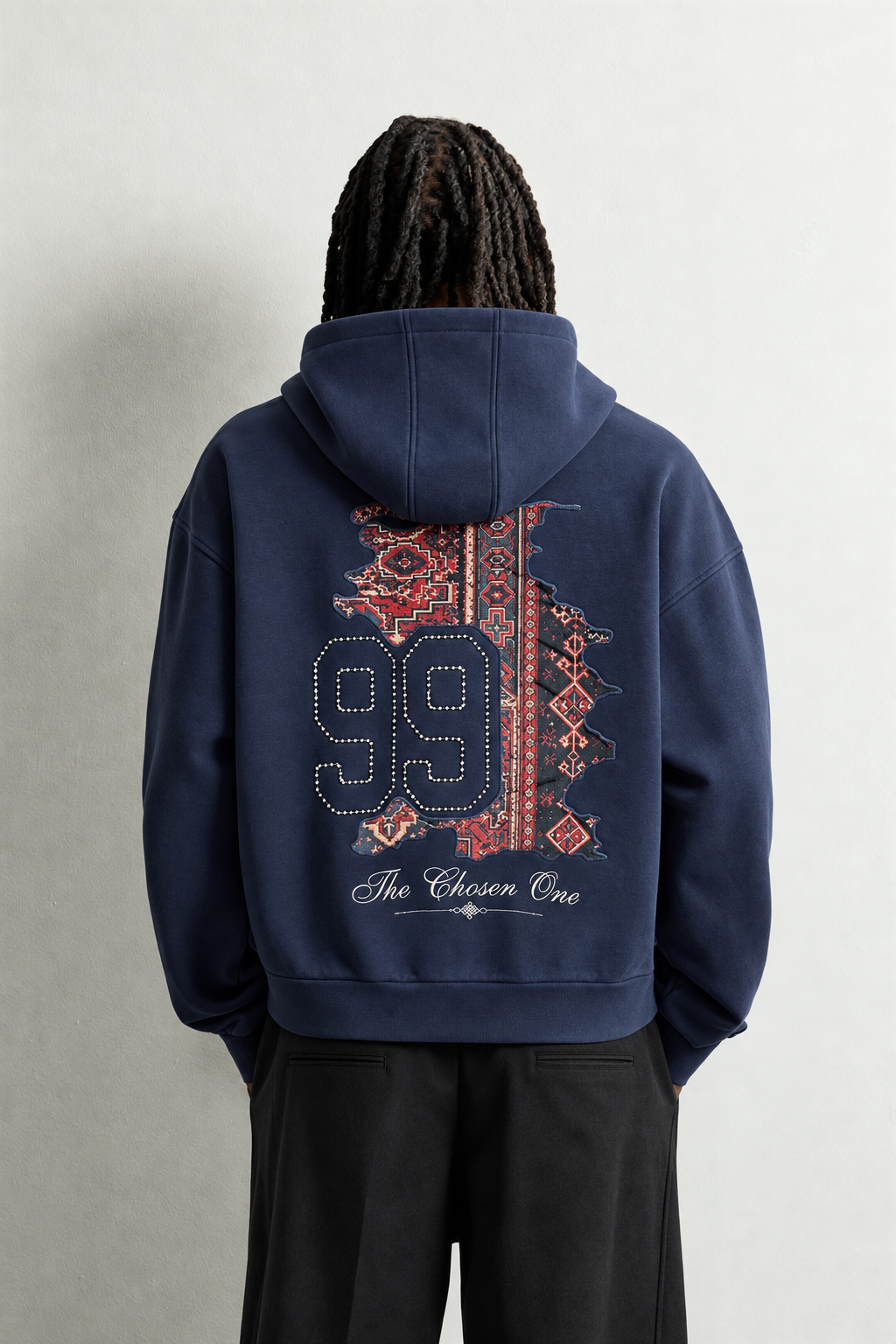 Erkek 99 Halı Desen Patch Nakışlı Şardonlu Kapüşonlu Oversize Sweatshirt