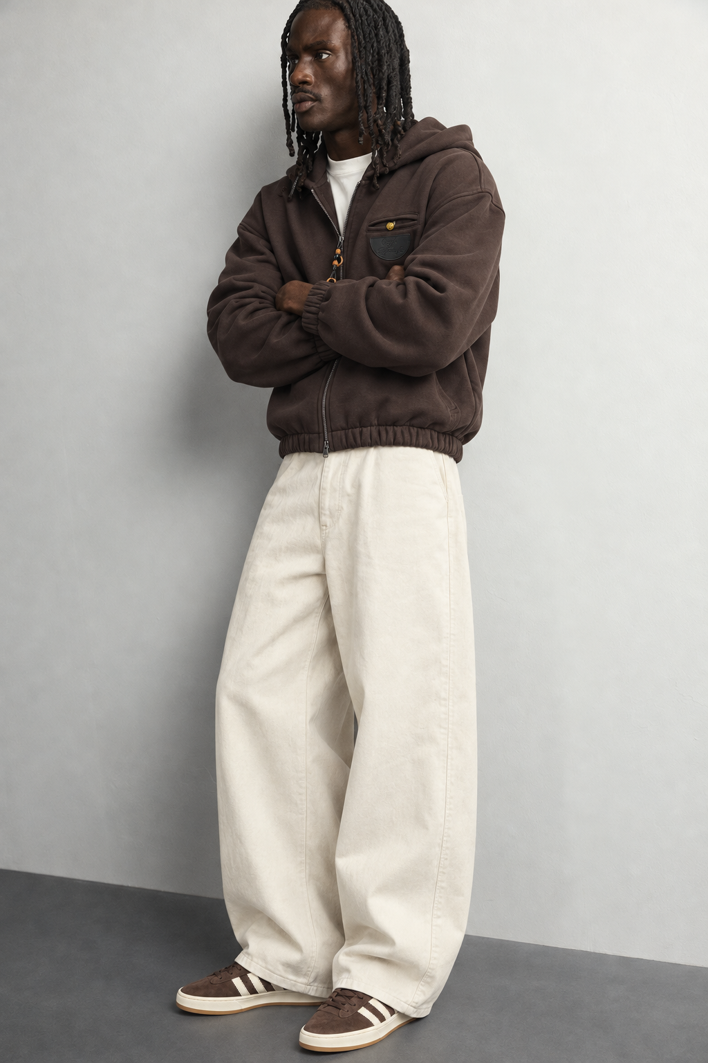 Erkek Deri Cep Detaylı Fermuarlı Şardonlu Kapüşonlu Oversize Sweatshirt