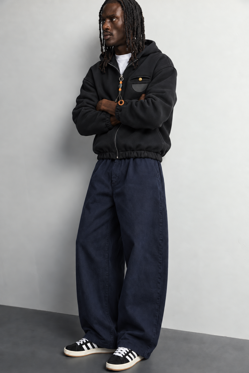 Erkek Deri Cep Detaylı Fermuarlı Şardonlu Kapüşonlu Oversize Sweatshirt