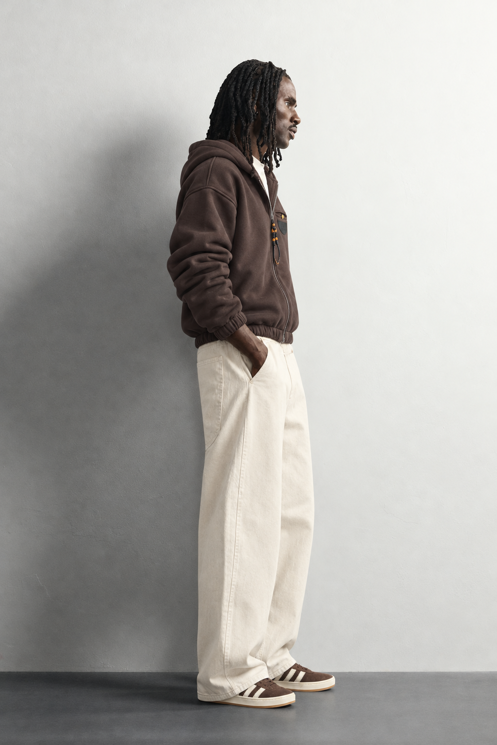 Erkek Deri Cep Detaylı Fermuarlı Şardonlu Kapüşonlu Oversize Sweatshirt