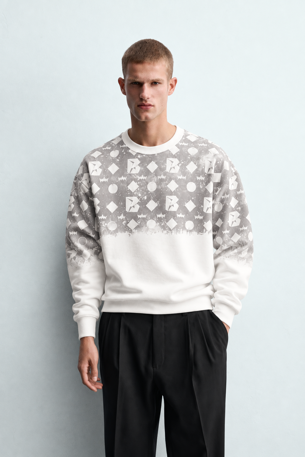 Erkek Geometrik Desen Baskılı Bisiklet Yaka Oversize Sweatshirt