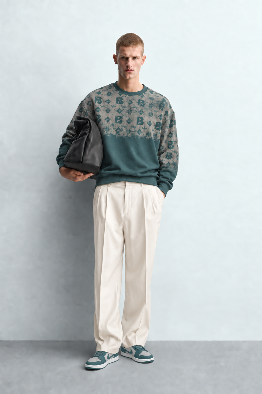 Erkek Geometrik Desen Baskılı Bisiklet Yaka Oversize Sweatshirt