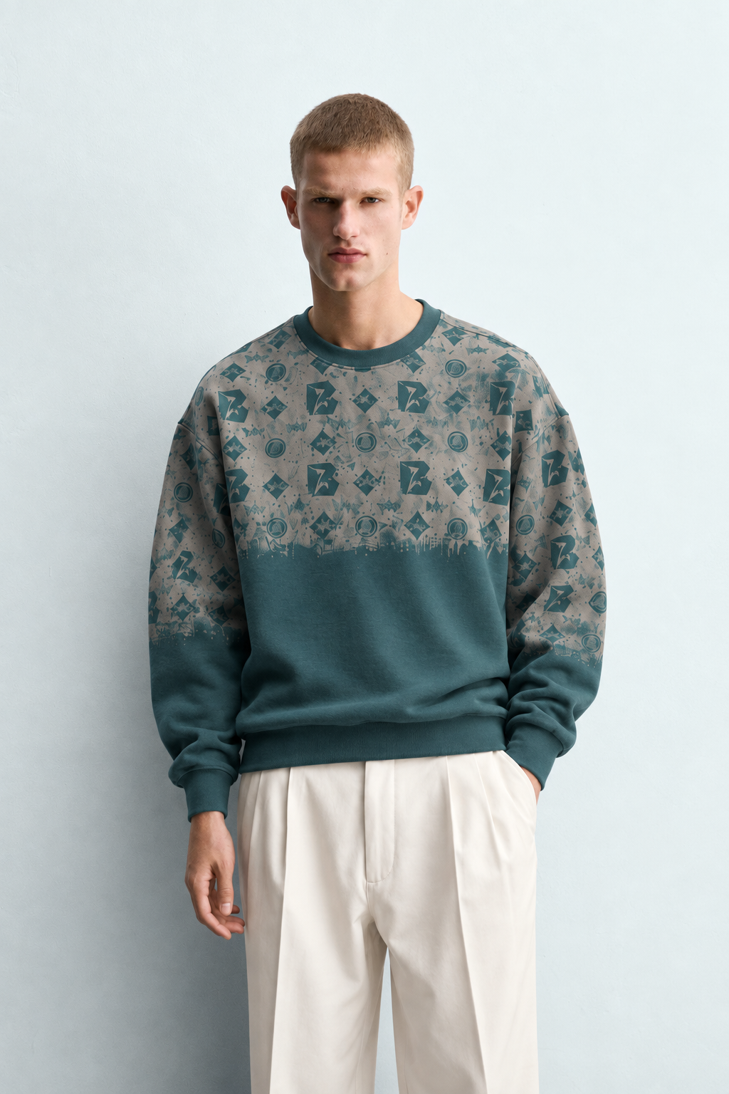 Erkek Geometrik Desen Baskılı Bisiklet Yaka Oversize Sweatshirt
