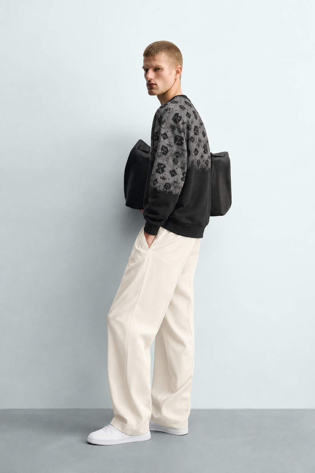 Erkek Geometrik Desen Baskılı Bisiklet Yaka Oversize Sweatshirt