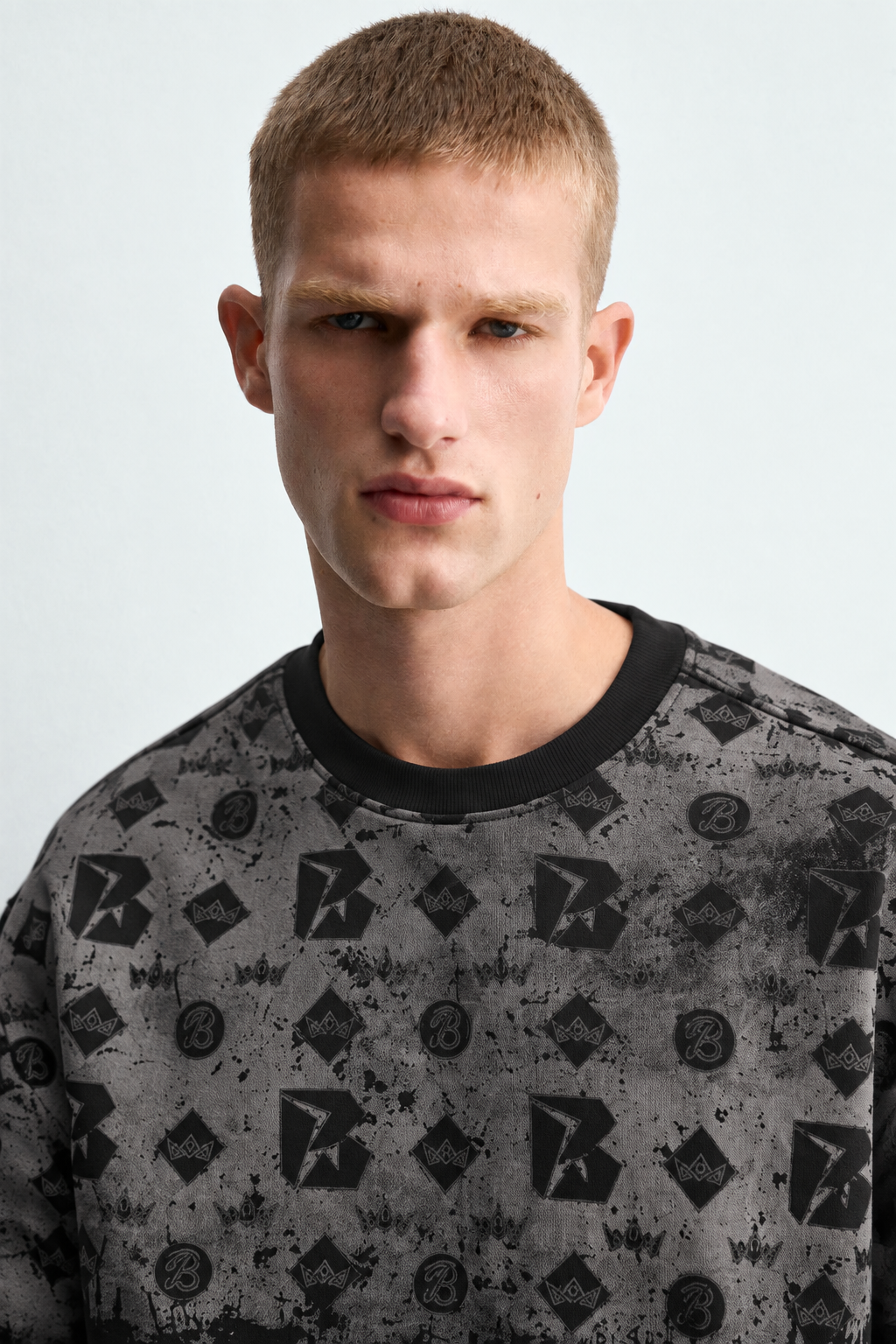 Erkek Geometrik Desen Baskılı Bisiklet Yaka Oversize Sweatshirt
