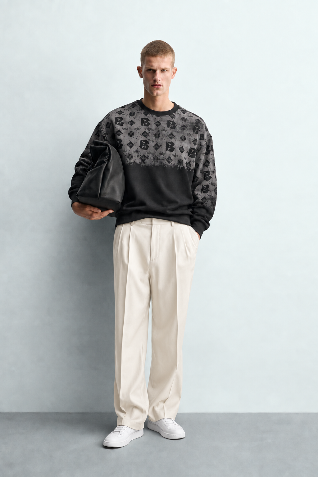 Erkek Geometrik Desen Baskılı Bisiklet Yaka Oversize Sweatshirt