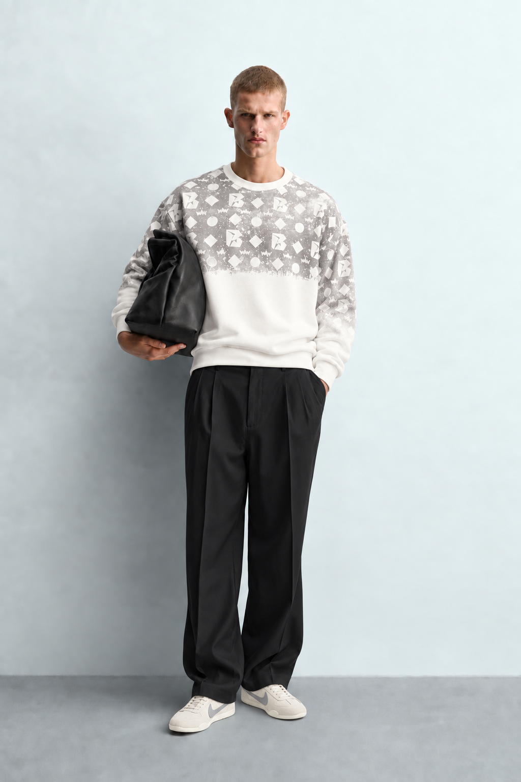 Erkek Geometrik Desen Baskılı Bisiklet Yaka Oversize Sweatshirt