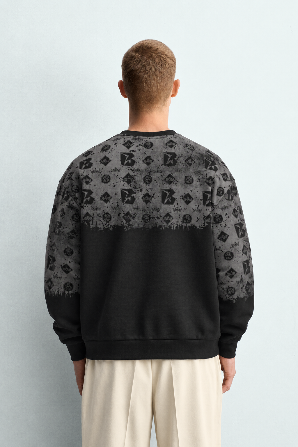 Erkek Geometrik Desen Baskılı Bisiklet Yaka Oversize Sweatshirt