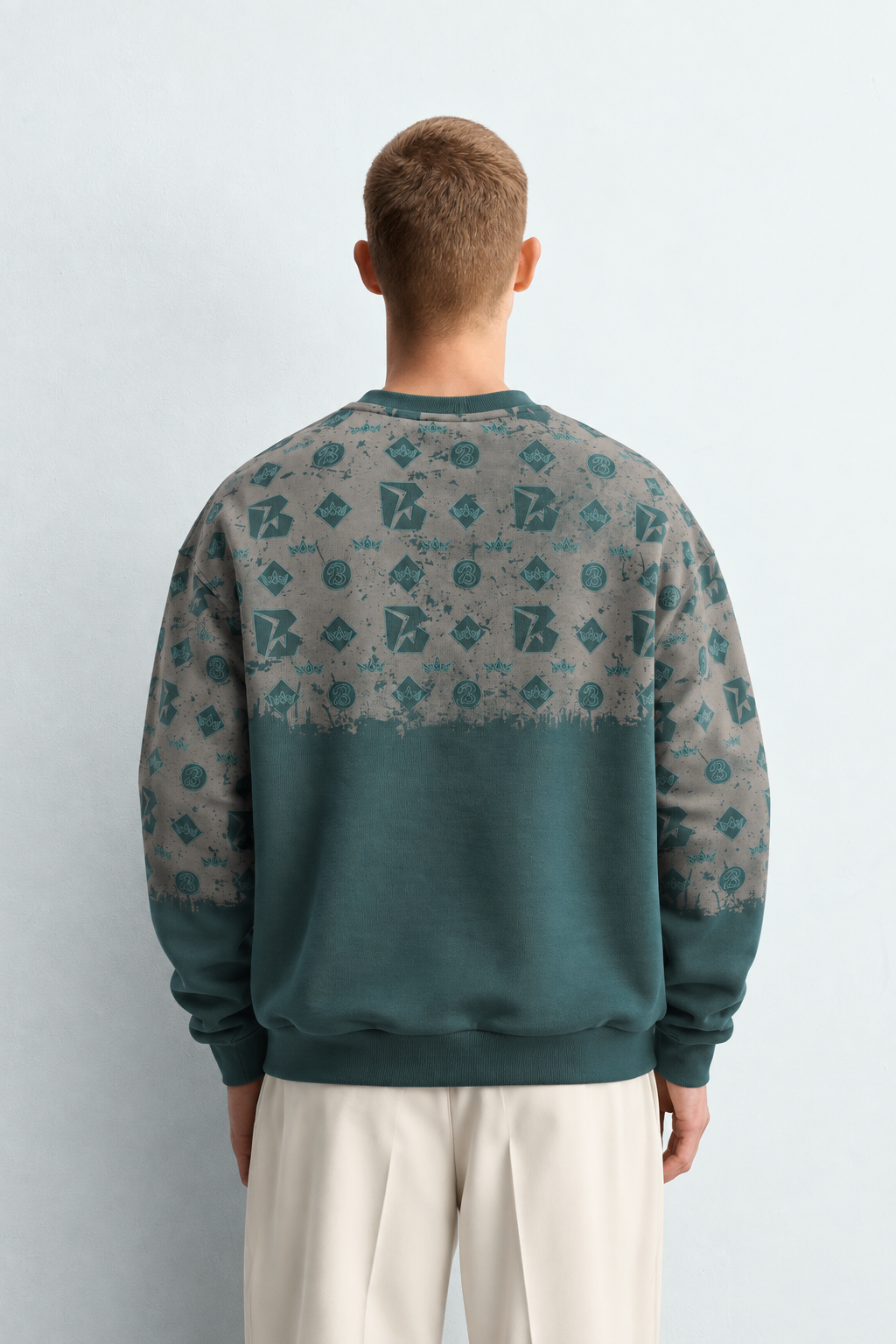 Erkek Geometrik Desen Baskılı Bisiklet Yaka Oversize Sweatshirt