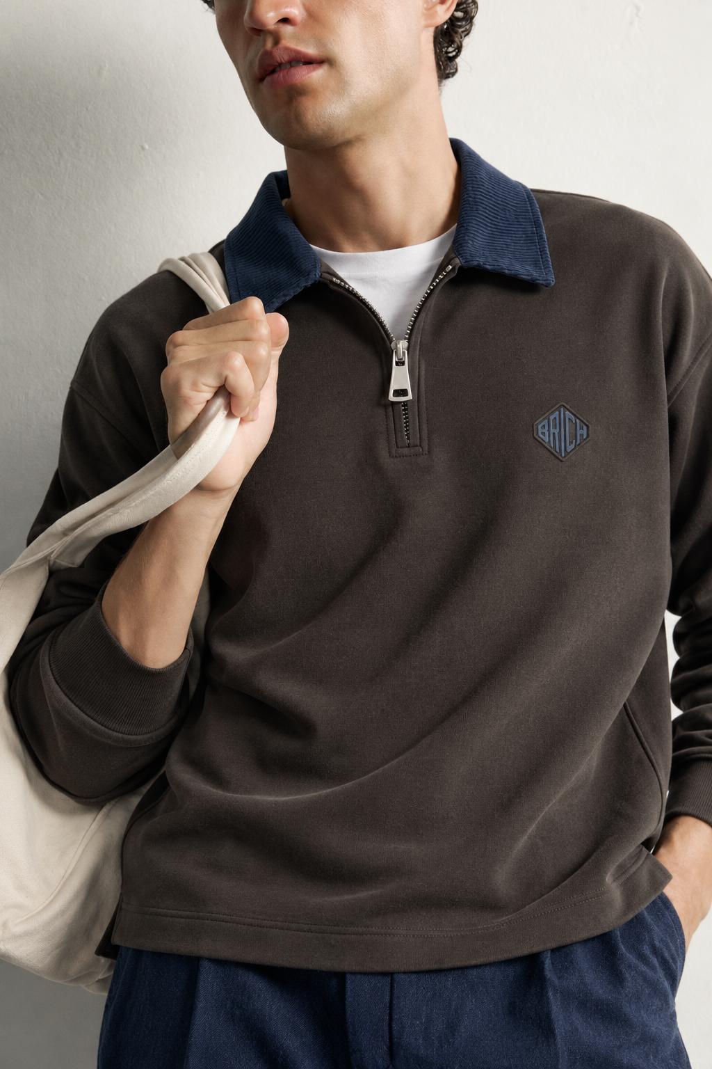 Erkek Kadife Yaka Fermuarlı Oversize Sweatshirt