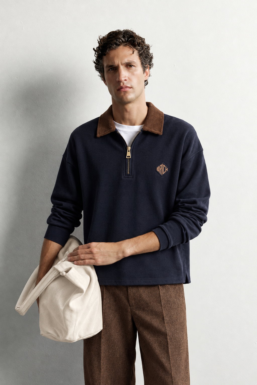 Erkek Kadife Yaka Fermuarlı Oversize Sweatshirt