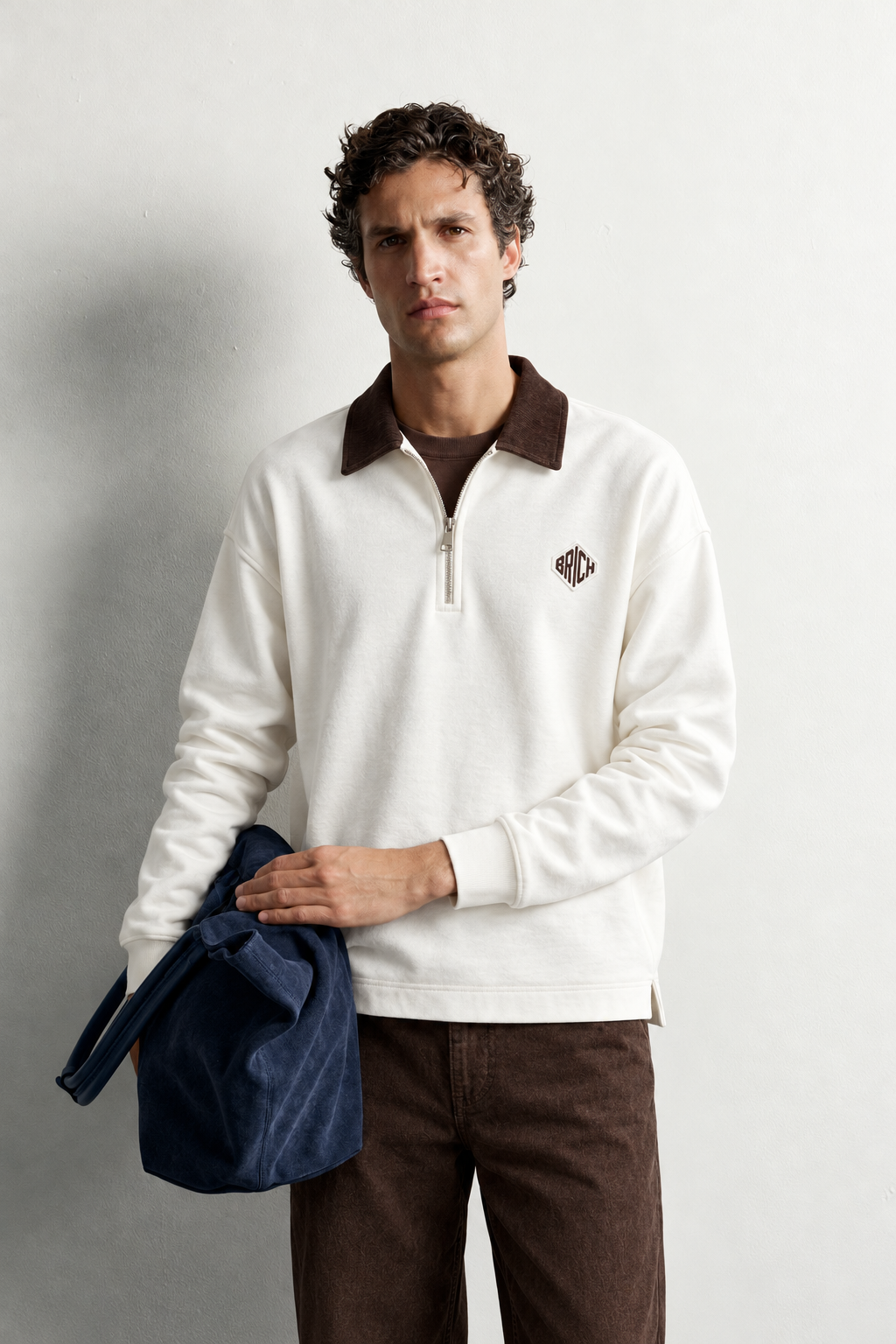 Erkek Kadife Yaka Fermuarlı Oversize Sweatshirt