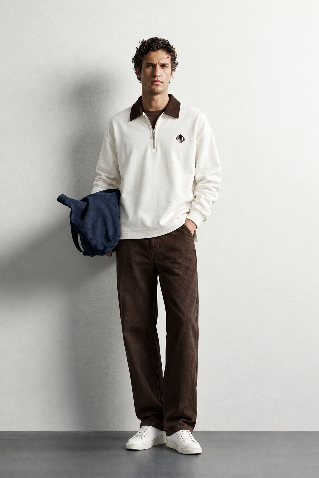 Erkek Kadife Yaka Fermuarlı Oversize Sweatshirt