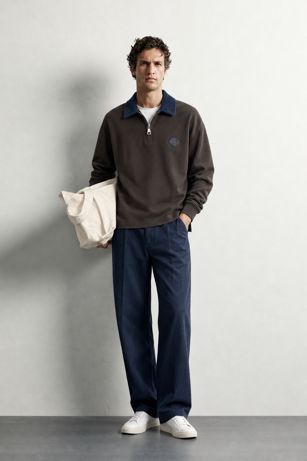 Erkek Kadife Yaka Fermuarlı Oversize Sweatshirt