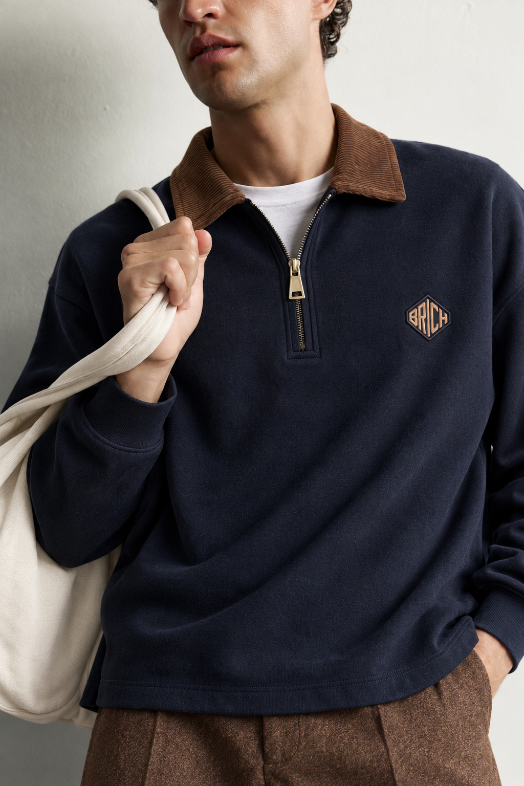 Erkek Kadife Yaka Fermuarlı Oversize Sweatshirt