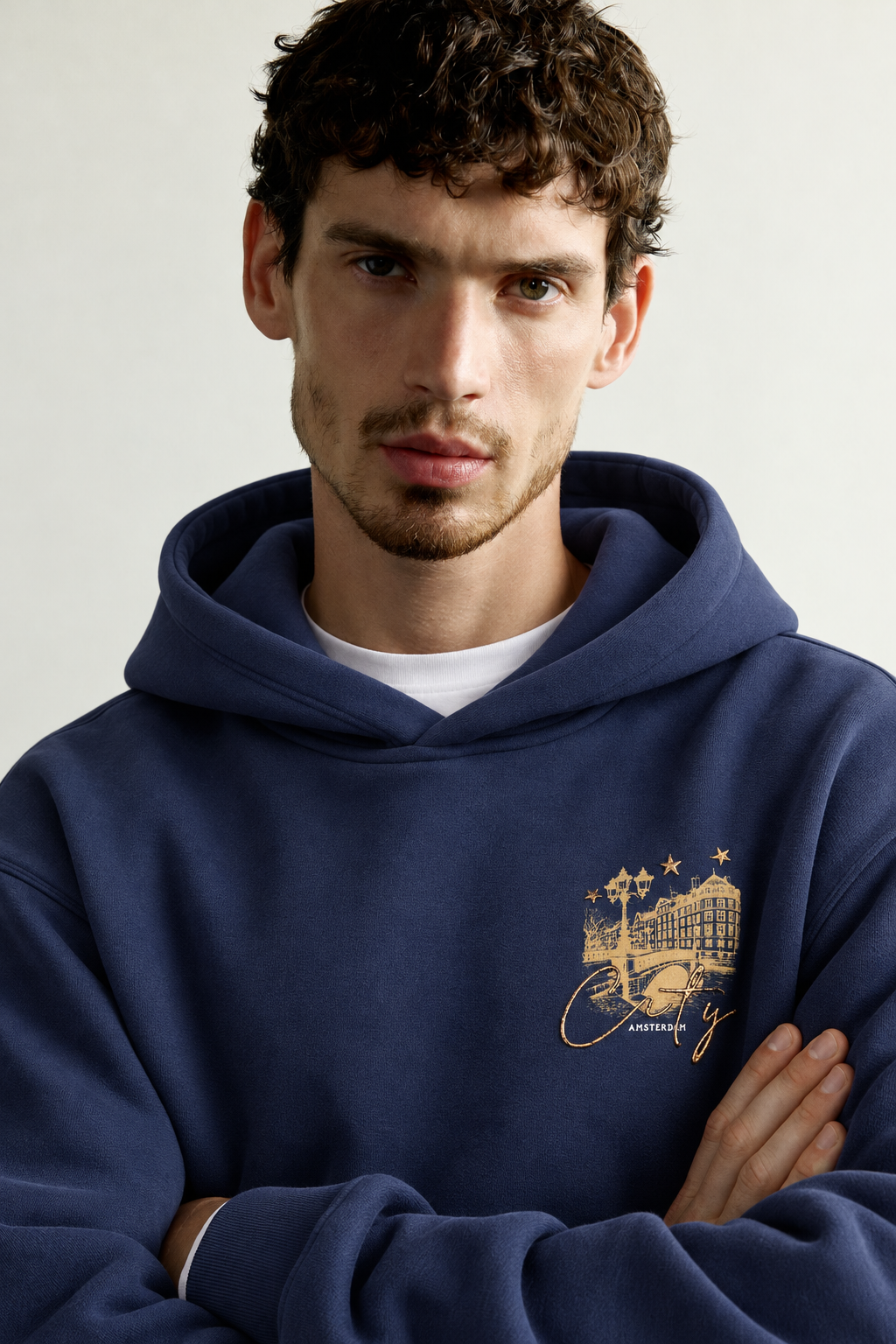 Erkek Kanguru Cepli Amsterdam Baskılı Şardonlu Kapüşonlu Oversize Sweatshirt