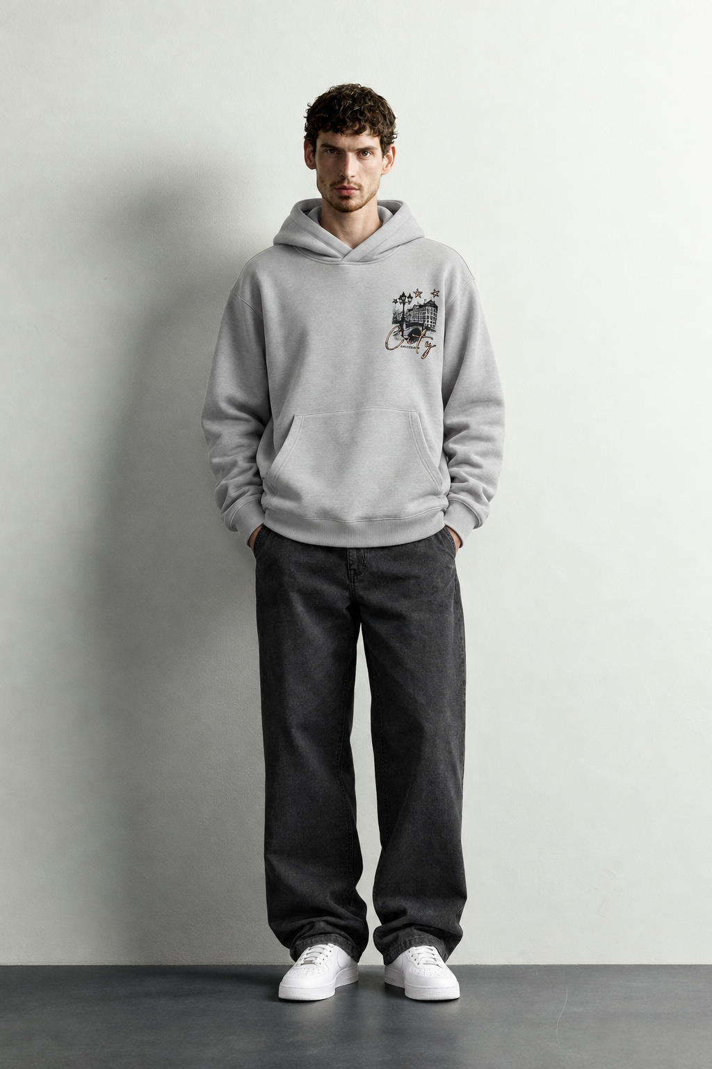 Erkek Kanguru Cepli Amsterdam Baskılı Şardonlu Kapüşonlu Oversize Sweatshirt