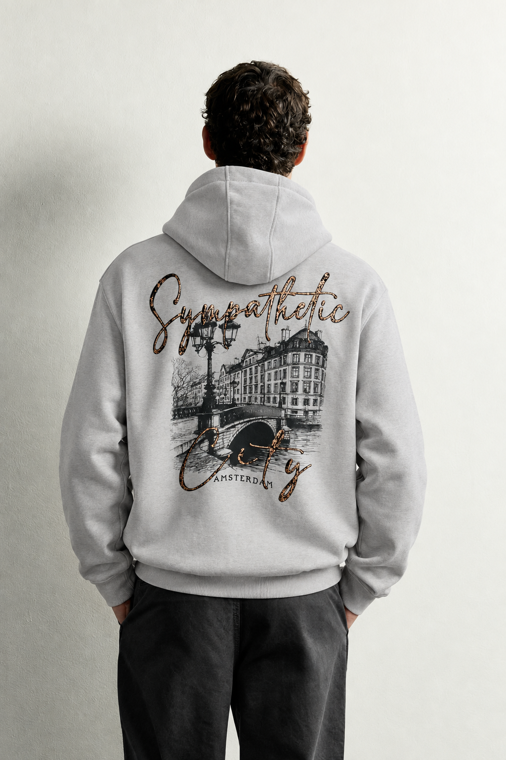 Erkek Kanguru Cepli Amsterdam Baskılı Şardonlu Kapüşonlu Oversize Sweatshirt