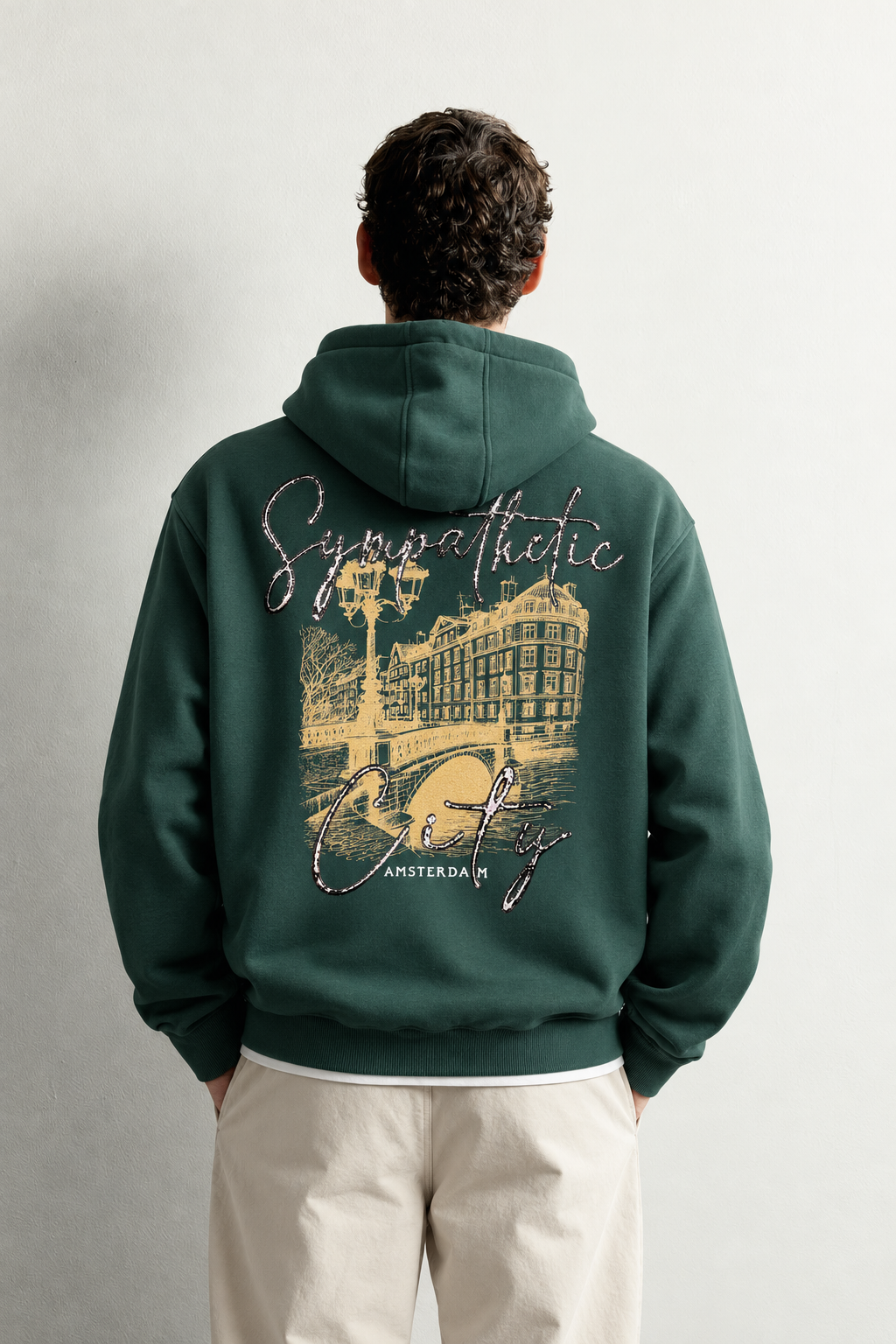 Erkek Kanguru Cepli Amsterdam Baskılı Şardonlu Kapüşonlu Oversize Sweatshirt