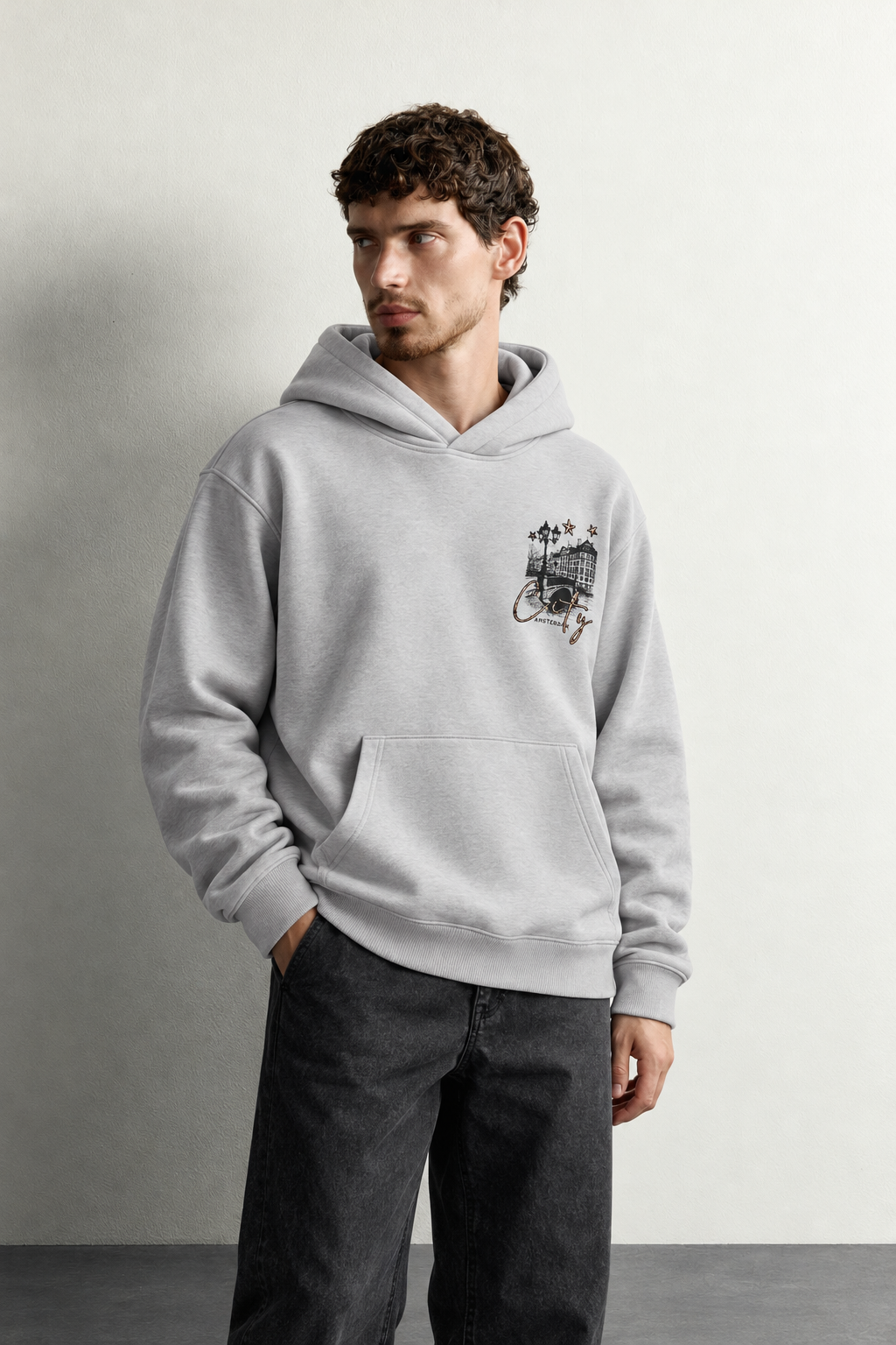 Erkek Kanguru Cepli Amsterdam Baskılı Şardonlu Kapüşonlu Oversize Sweatshirt